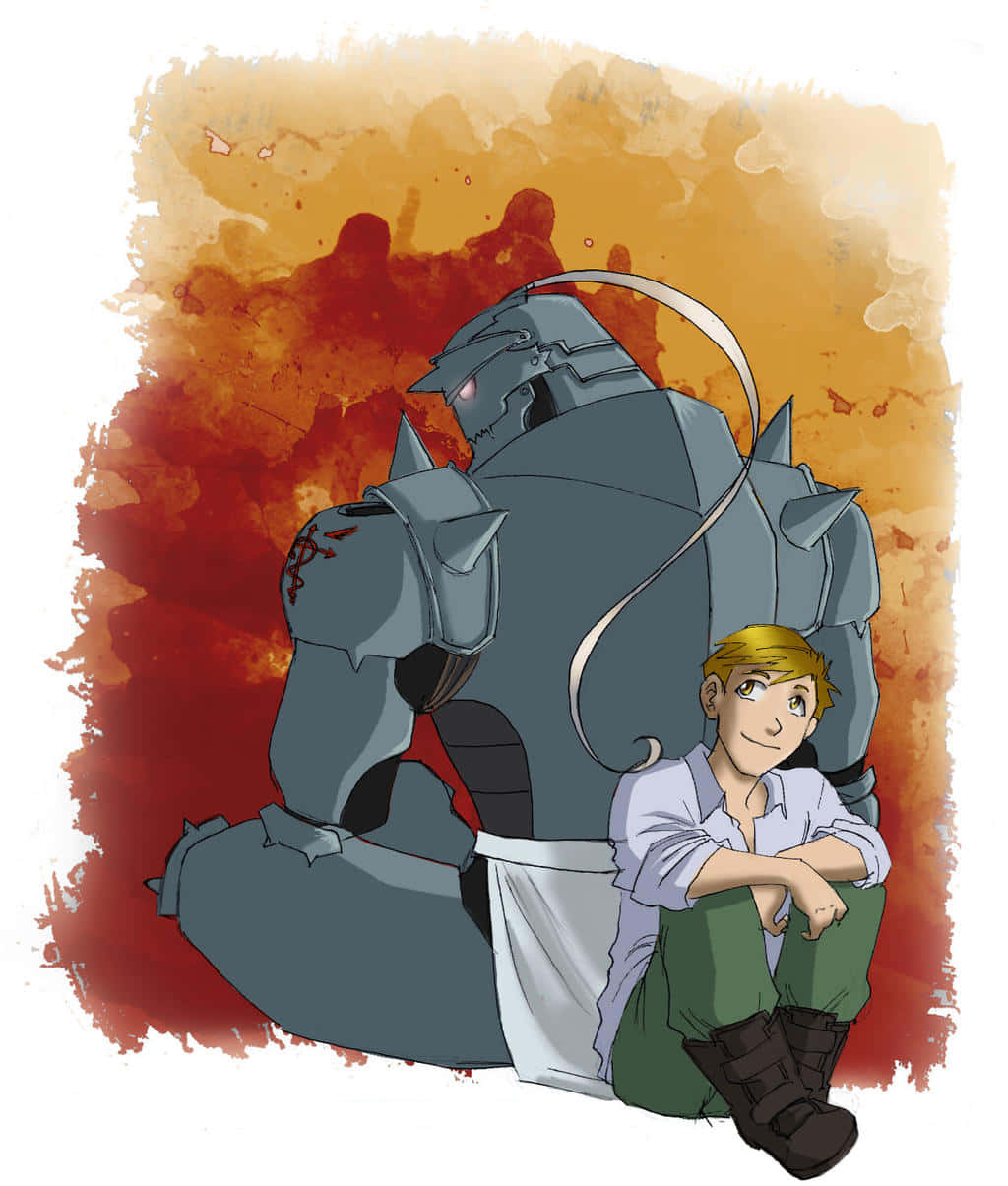Alphonse Elric 桌布 壁紙 — 一個小男孩平靜地坐在一個高大的裝甲騎士旁邊，騎士的眼睛發出紅光，背景是火熱的橙色和紅色水彩畫。