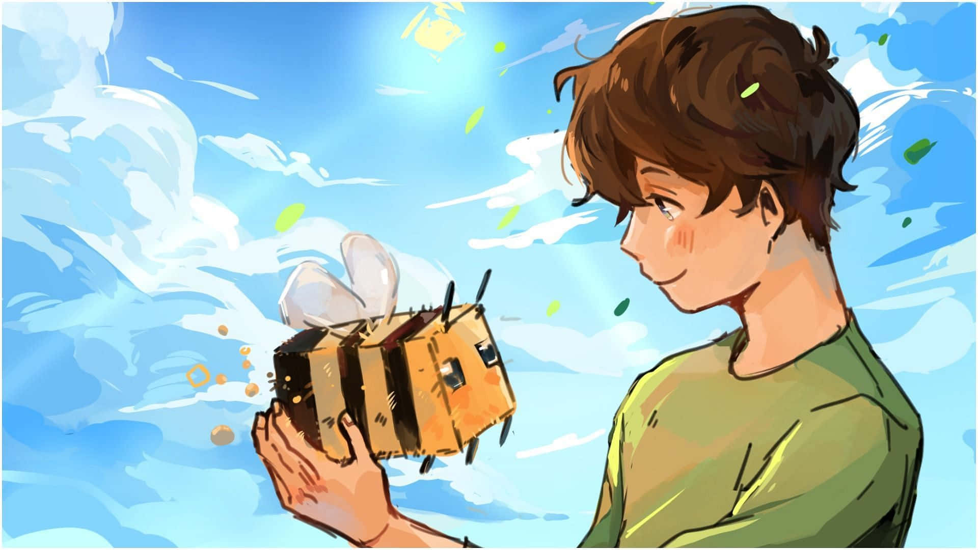 Minecraft Twitch Streamers 桌布 壁紙 — 一個小男孩溫柔地拿著一隻卡通蜜蜂，背景是明亮的藍天，有蓬鬆的雲朵和漂浮的花粉。