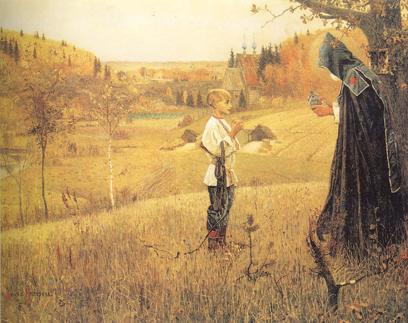 Russia 桌布 壁紙 — 一個小男孩站在金色的秋草中，在遠處村莊教堂附近的樹下，從一個穿長袍的人物手中接過一個小瓶子。