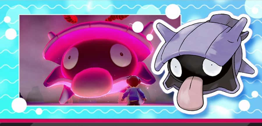 Shellder Dynamax 壁紙 — 一個小角色站在一隻巨大的發光粉紅色寶可夢面前，旁邊有一隻較小的紫色寶可夢伸出舌頭。