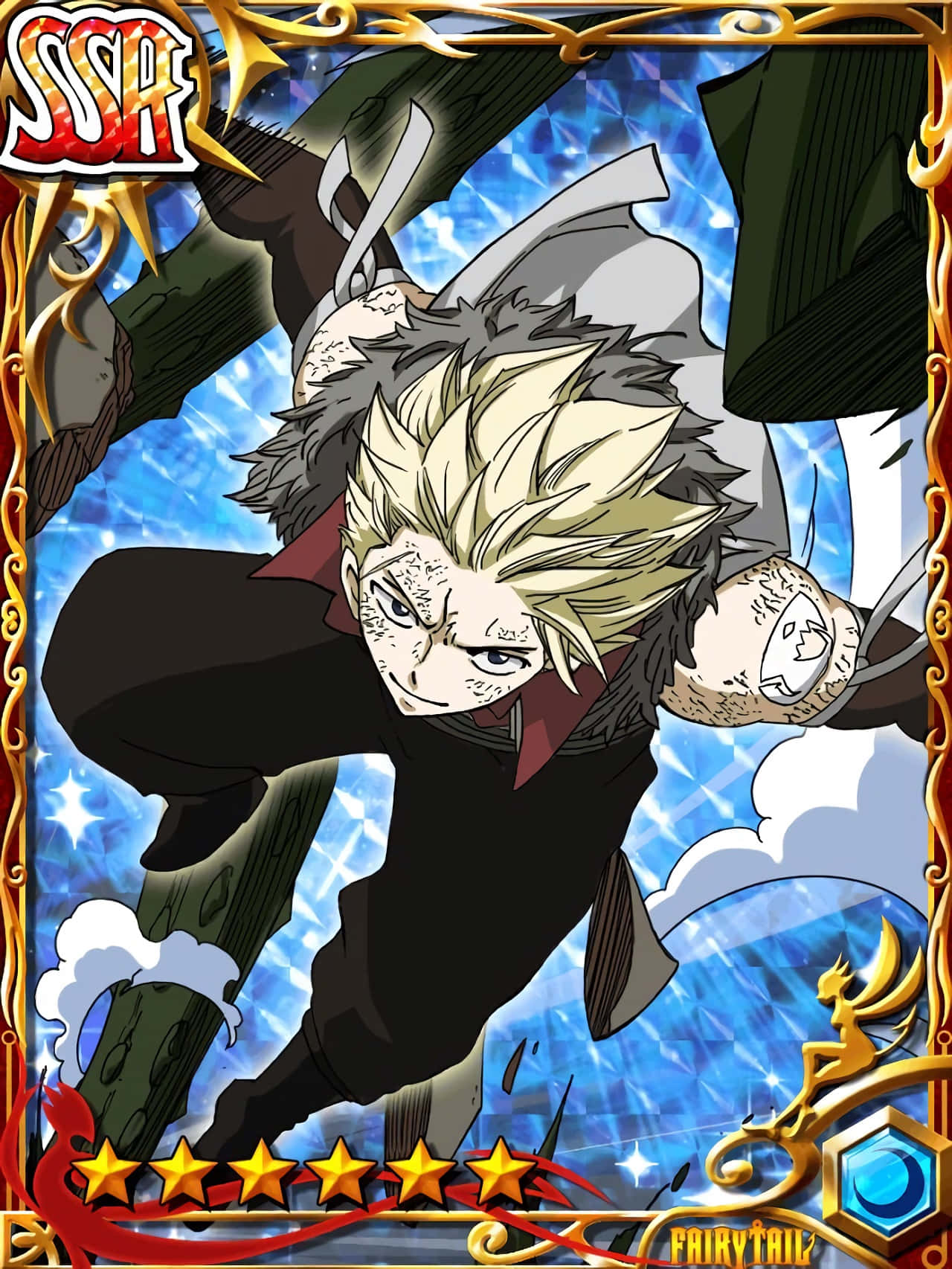 Sting Eucliffe 桌布 壁紙 — 一個尖刺金髮的動漫戰士，身穿黑色盔甲，拔劍向前衝鋒，背景是藍天。
