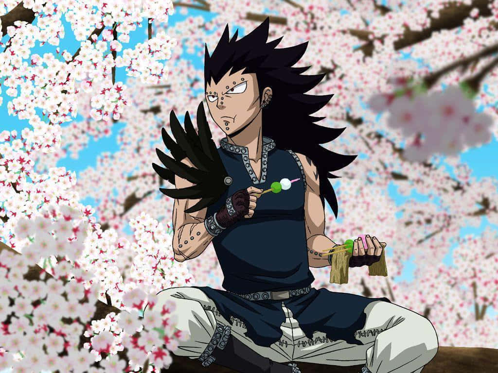 Gajeel Redfox 桌布 壁紙 — 一個尖刺頭髮的動漫戰士盤腿坐在盛開的櫻花下，拿著一串食物。