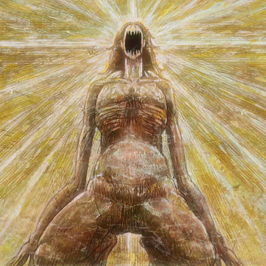 Founding Titan 桌布 壁紙 — 一個尖叫的人形人物，張大嘴巴，頭部散發出發光的黃色光線，背景有紋理。