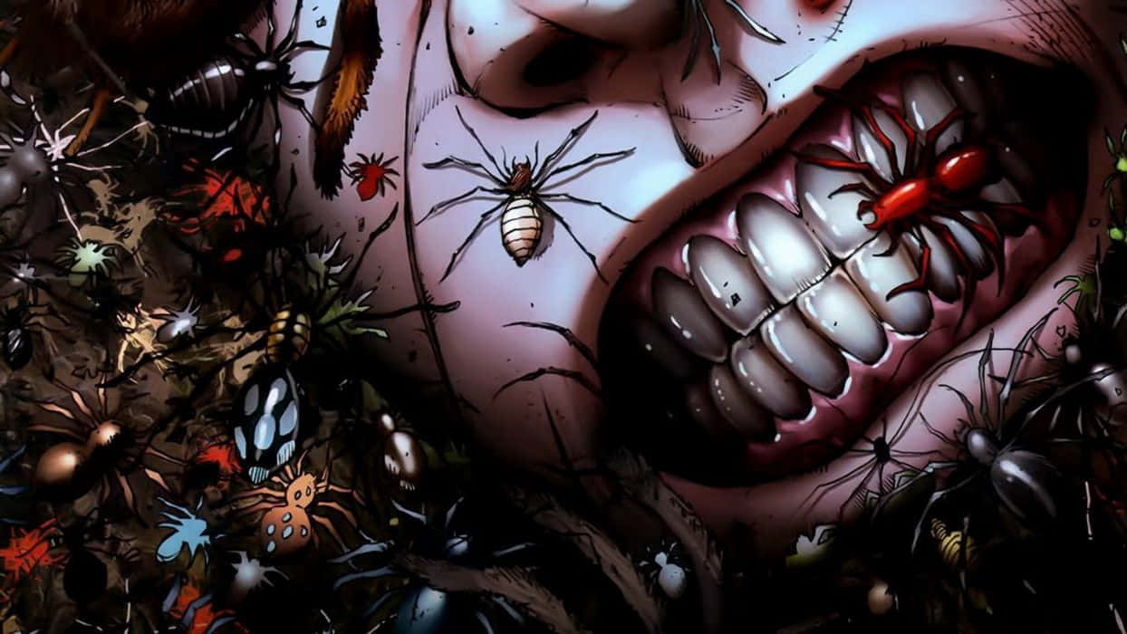 Horror Anime 桌布 壁紙 — 一個尖叫面孔被爬行蜘蛛和昆蟲淹沒的怪誕特寫，呈現生動恐怖藝術。