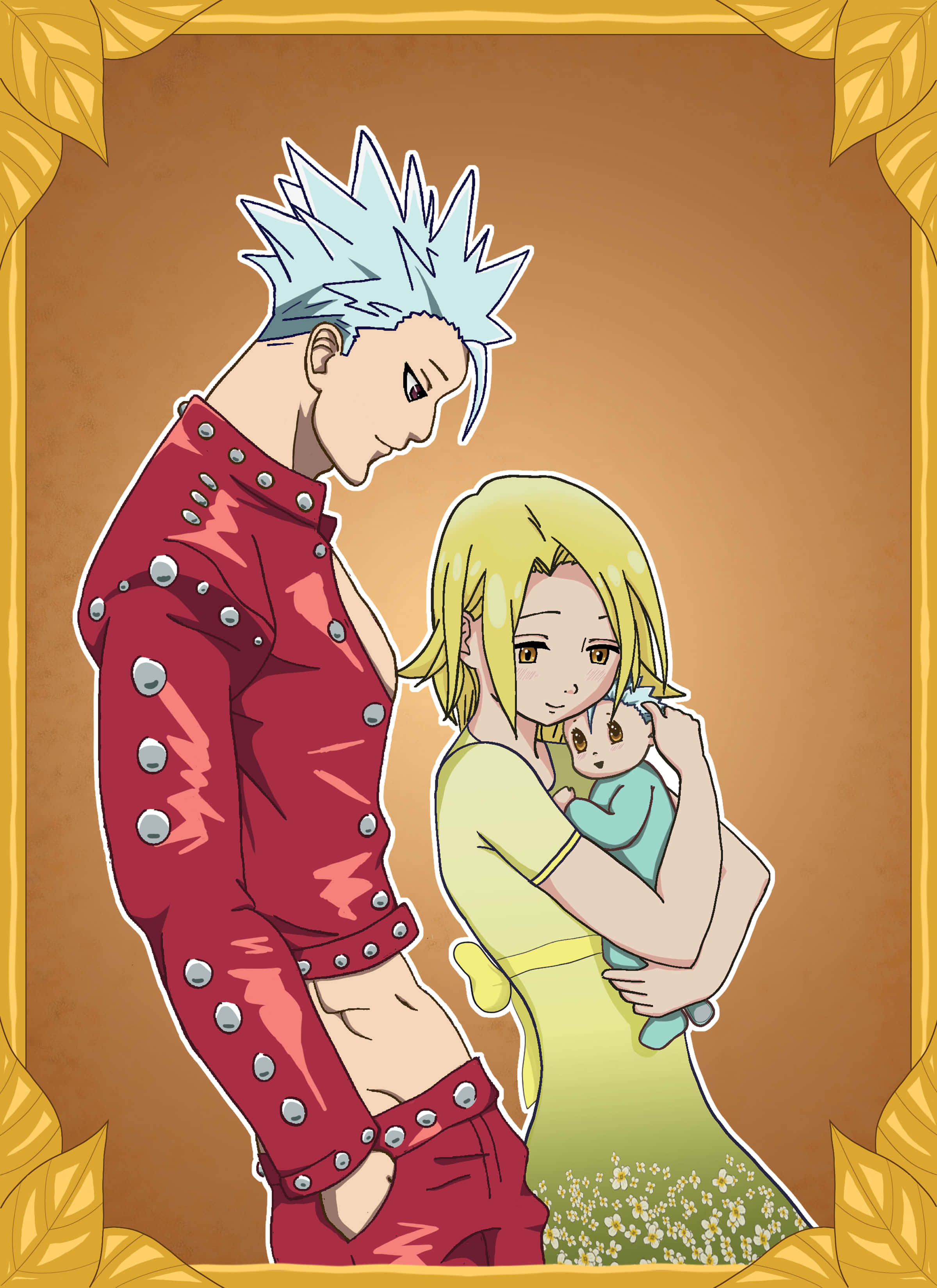 Seven Deadly Sins Ban 桌布 壁紙 — 一個尖髮男人穿著紅色鉚釘裝束，靠向一個穿著黃色連衣裙、抱著嬰兒娃娃的女人，背景是溫暖的棕色，帶有金色葉子框架。