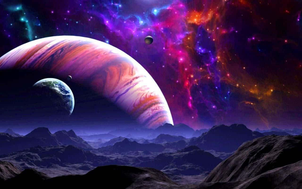 外太空 桌布 壁紙 — 一個岩石外星景觀俯瞰著一個充滿活力的星雲和兩顆巨大的行星，一顆類似地球，另一顆旋轉著粉紅色和紫色的雲層。