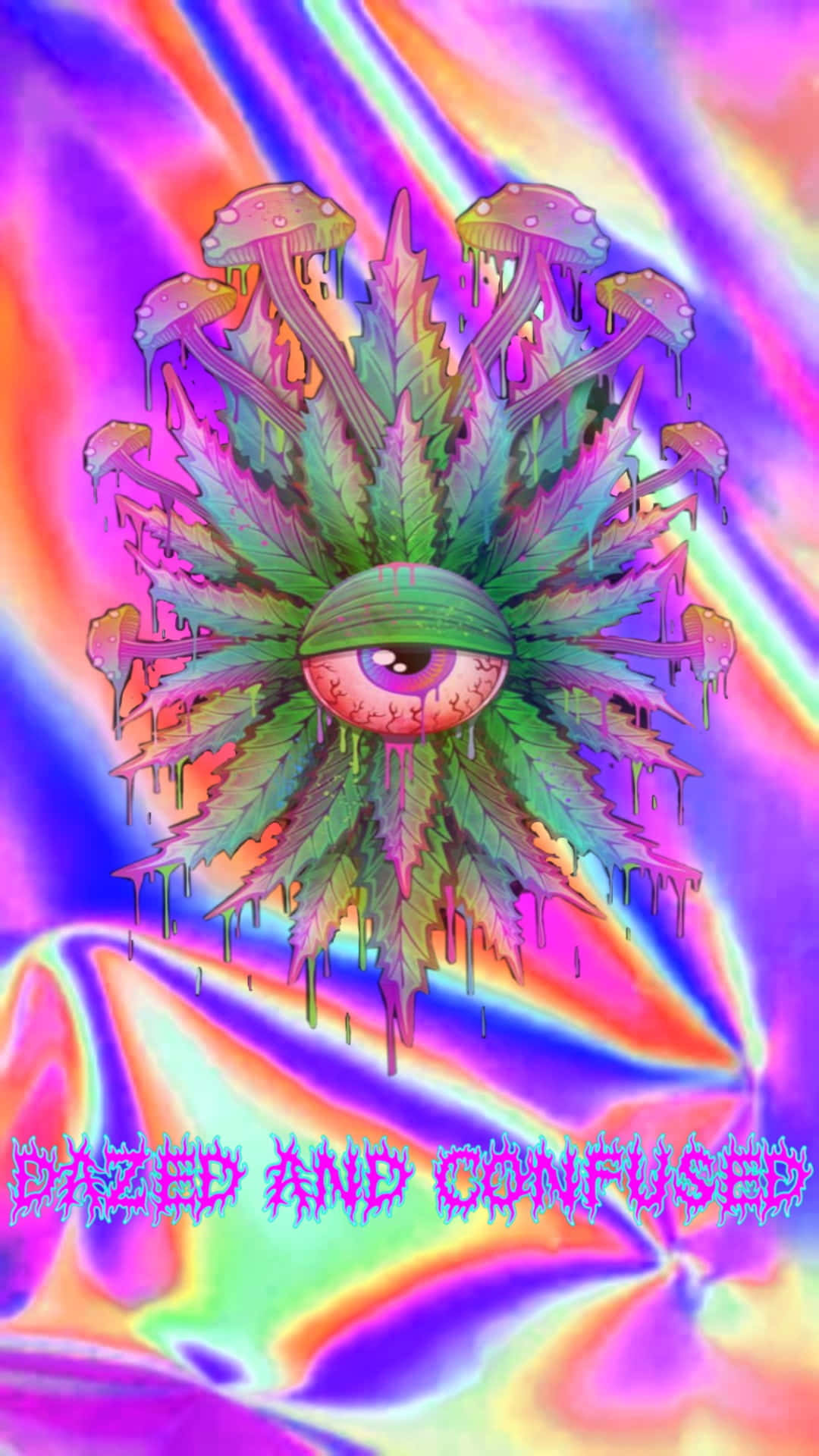 Trippy Art 桌布 壁紙 — 一個嵌入大麻葉中的迷幻眼睛，被發光的蘑菇包圍，背景是旋轉的彩虹漸變。