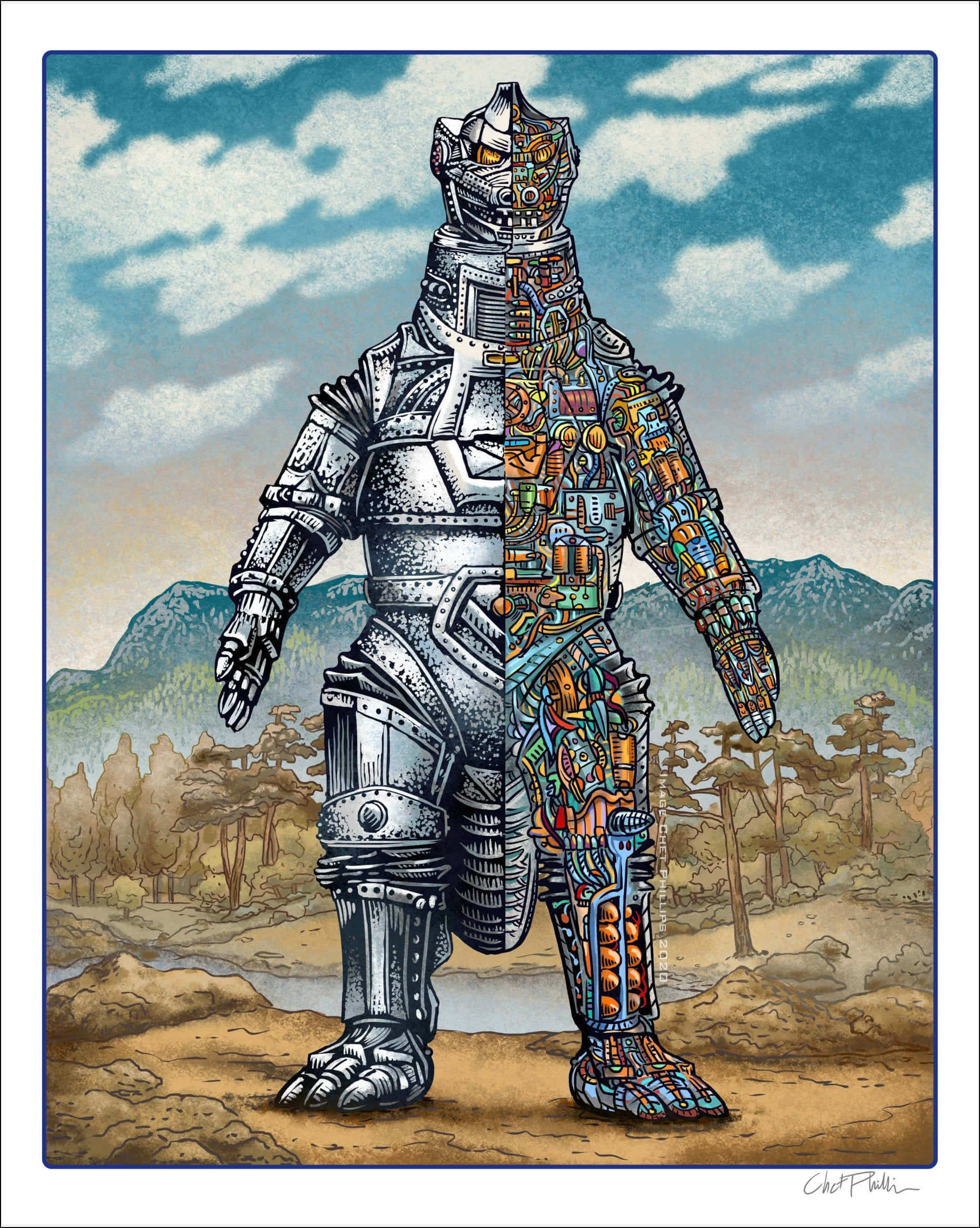 Robot Godzilla 桌布 壁紙 — 一個巨型機械人從中間分裂，一半金屬，一半彩色電路，背景係山巒天空。