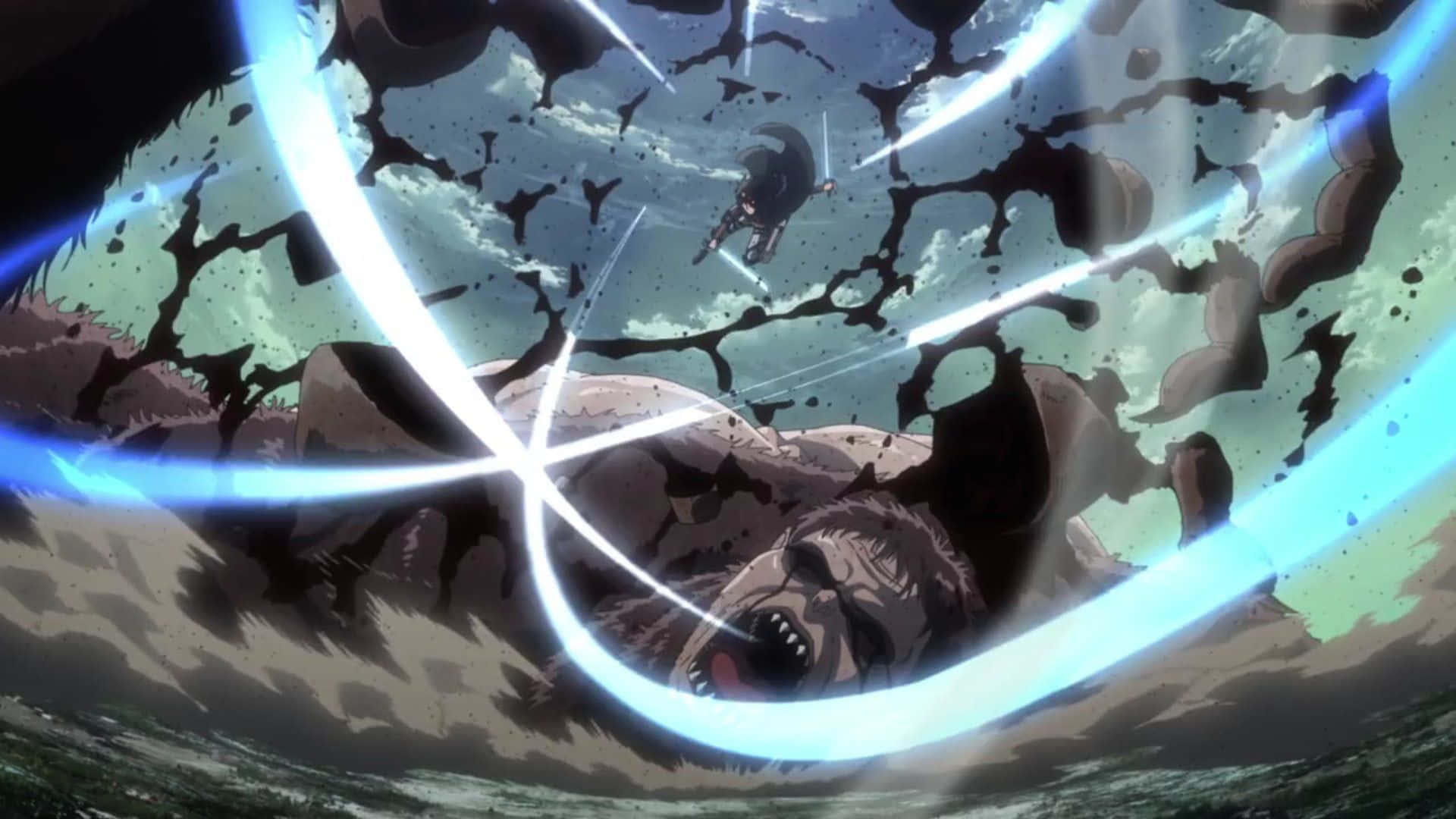 Beast Titan 桌布 壁紙 — 一個巨型泰坦在發光的藍色能量屏障下被擊敗，一名戰士在空中躍過其上。