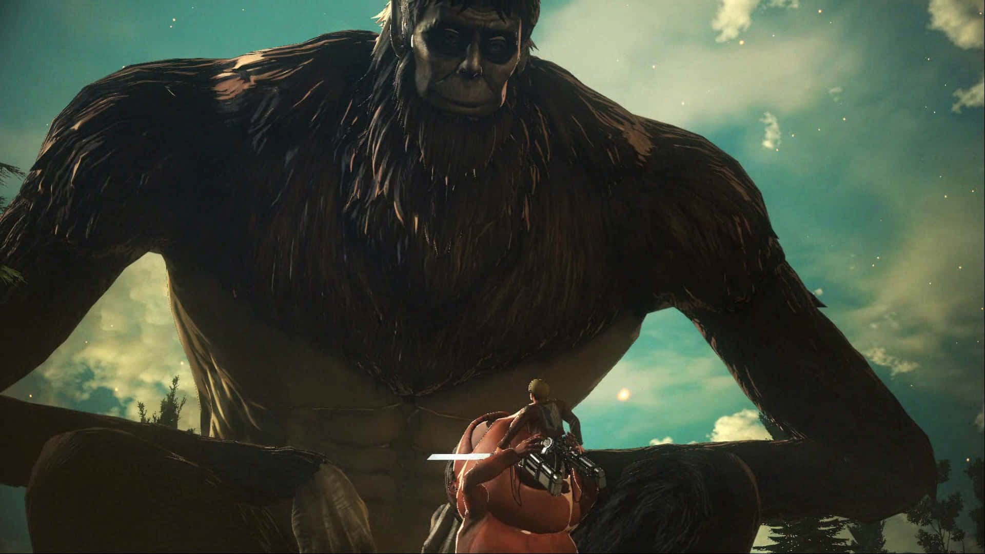 Attack On Titan Video Game 桌布 壁紙 — 一個巨大、多毛的泰坦聳立在一個手持劍的小戰士上方，背景是陰雲密布的天空。