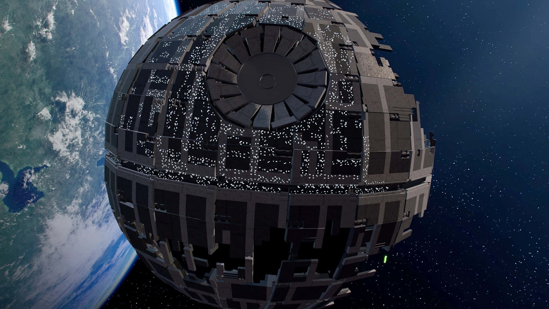 Death Star Ii 桌布 壁紙 — 一個巨大的LEGO死星在星空下，漂浮在一個藍白行星旁邊的太空之中。