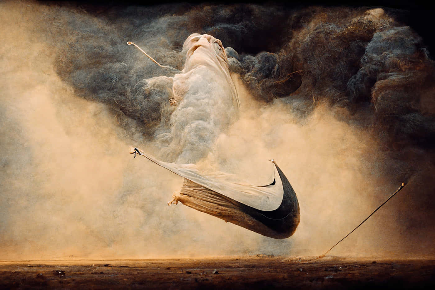 Midjourney 桌布 壁紙 — 一個巨大的Nike swoosh標誌從旋轉的塵埃中浮現，背後一個巨人身影在戲劇性的沙漠場景中升起。