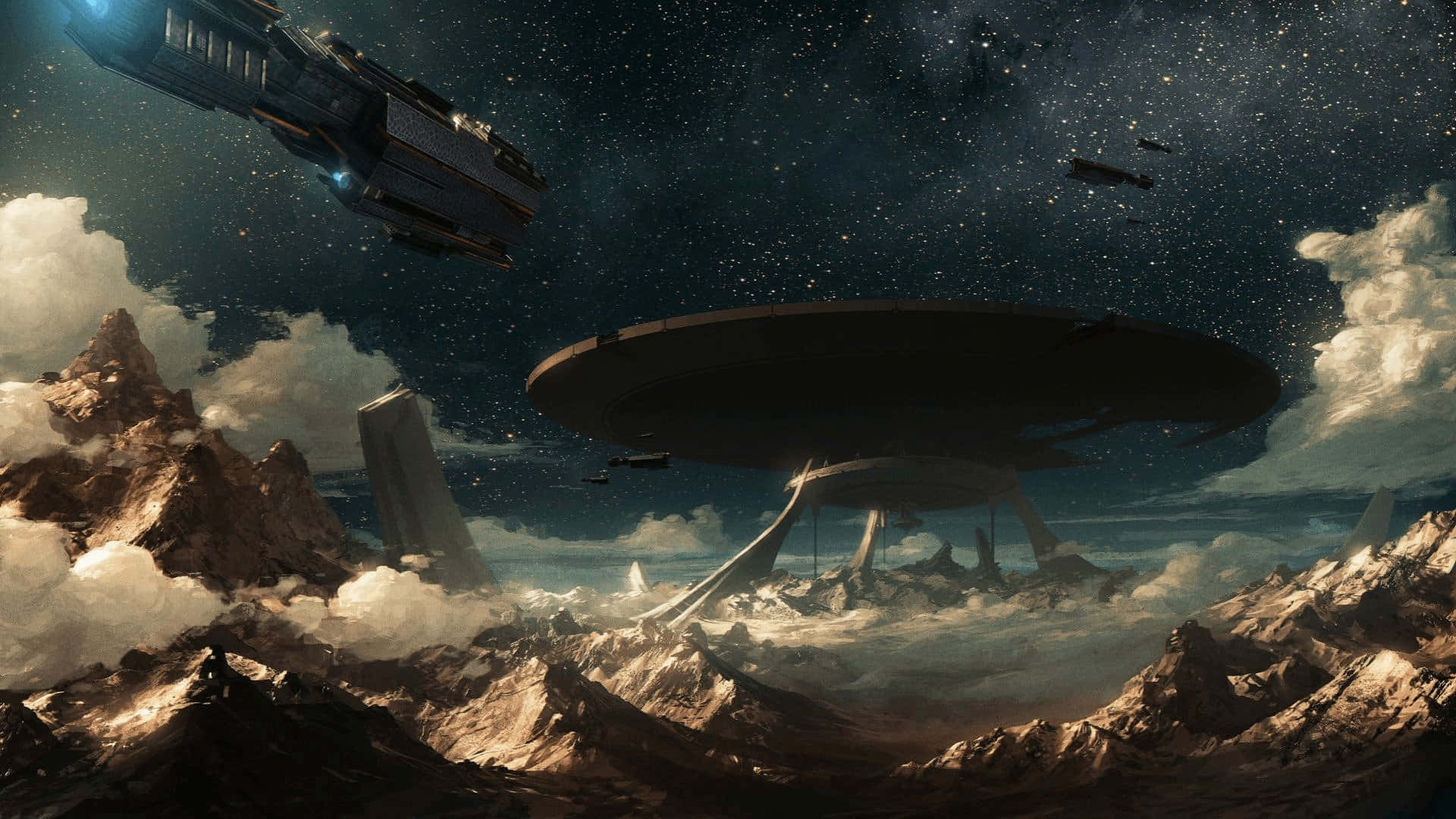 Space Exploration 桌布 壁紙 — 一個巨大的不明飛行物體盤旋在崎嶇的山脈上空，星空下附近有飛行的太空船。