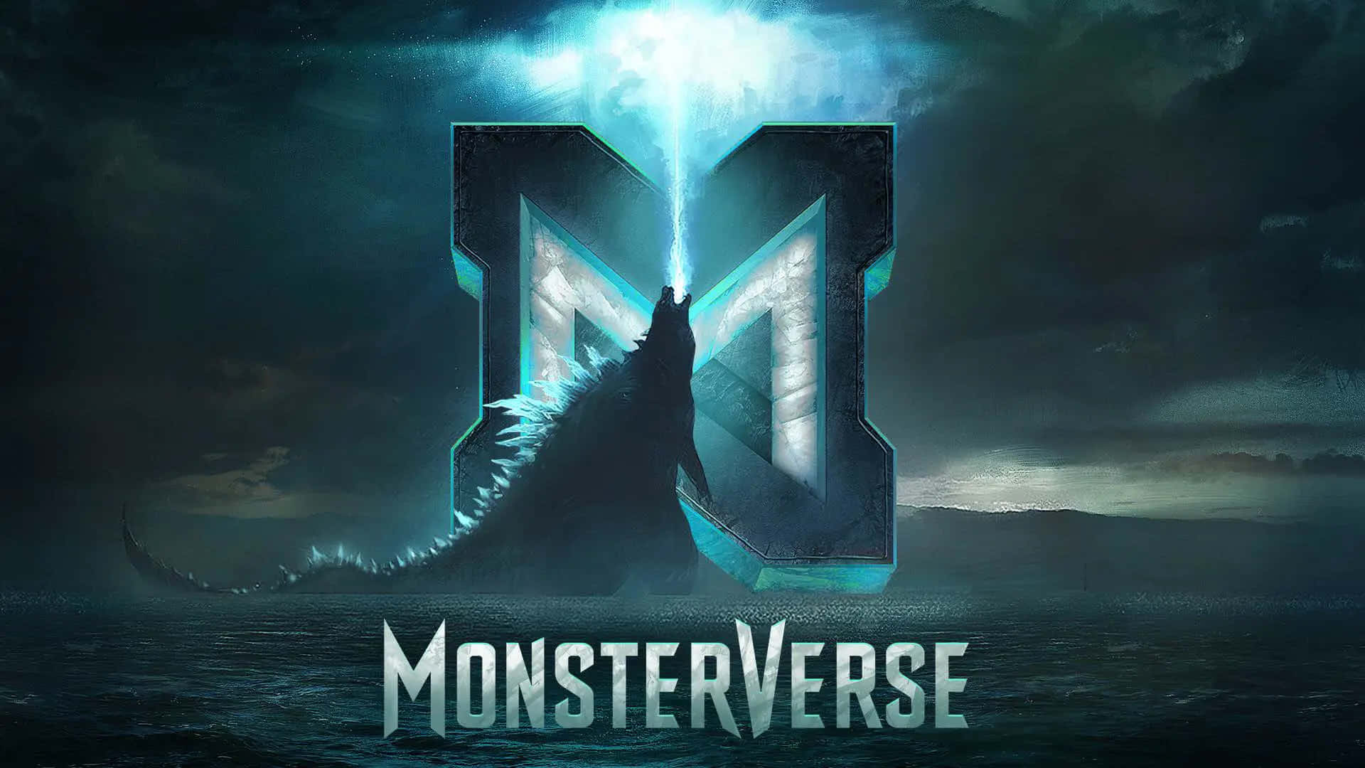Monsterverse 桌布 壁紙 — 一個巨大的哥斯拉剪影在發光的「M」標誌下咆哮，閃電在夜晚的暴風雨海洋上方劃過。