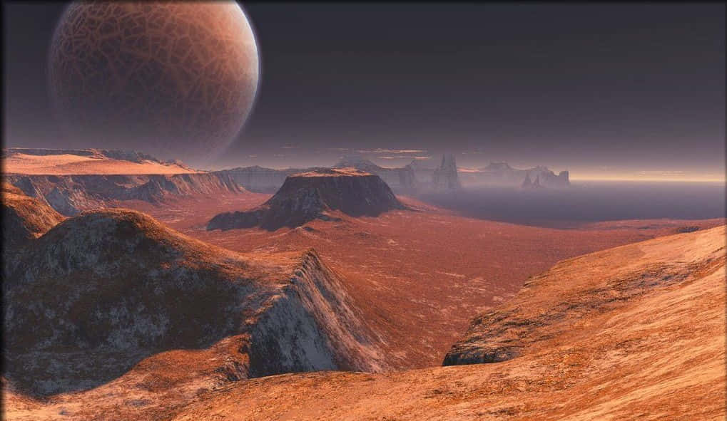 Mars Landscape 桌布 壁紙 — 一個巨大的外星峽谷位於一個破裂的星球之下，在昏暗的橙色天空中聳立，遠處有平頂山。