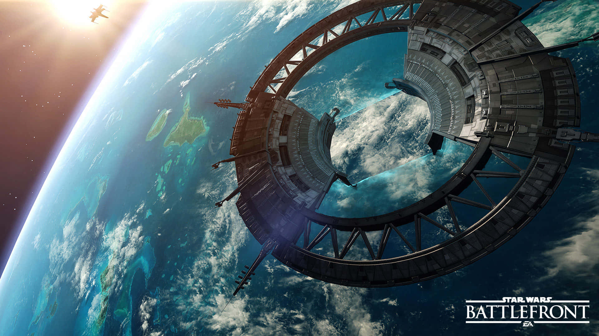 Scarif 桌布 壁紙 — 一個巨大的太空站繞地球運行，下方是陽光照耀的行星，附近有星際戰鬥機飛行。