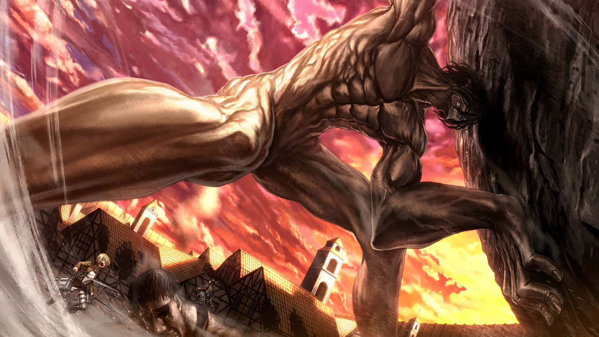 Giant Creatures 桌布 壁紙 — 一個巨大的巨人喺火紅嘅天空下壓碎一個中世紀小鎮，而細小嘅戰士喺下面戰鬥。