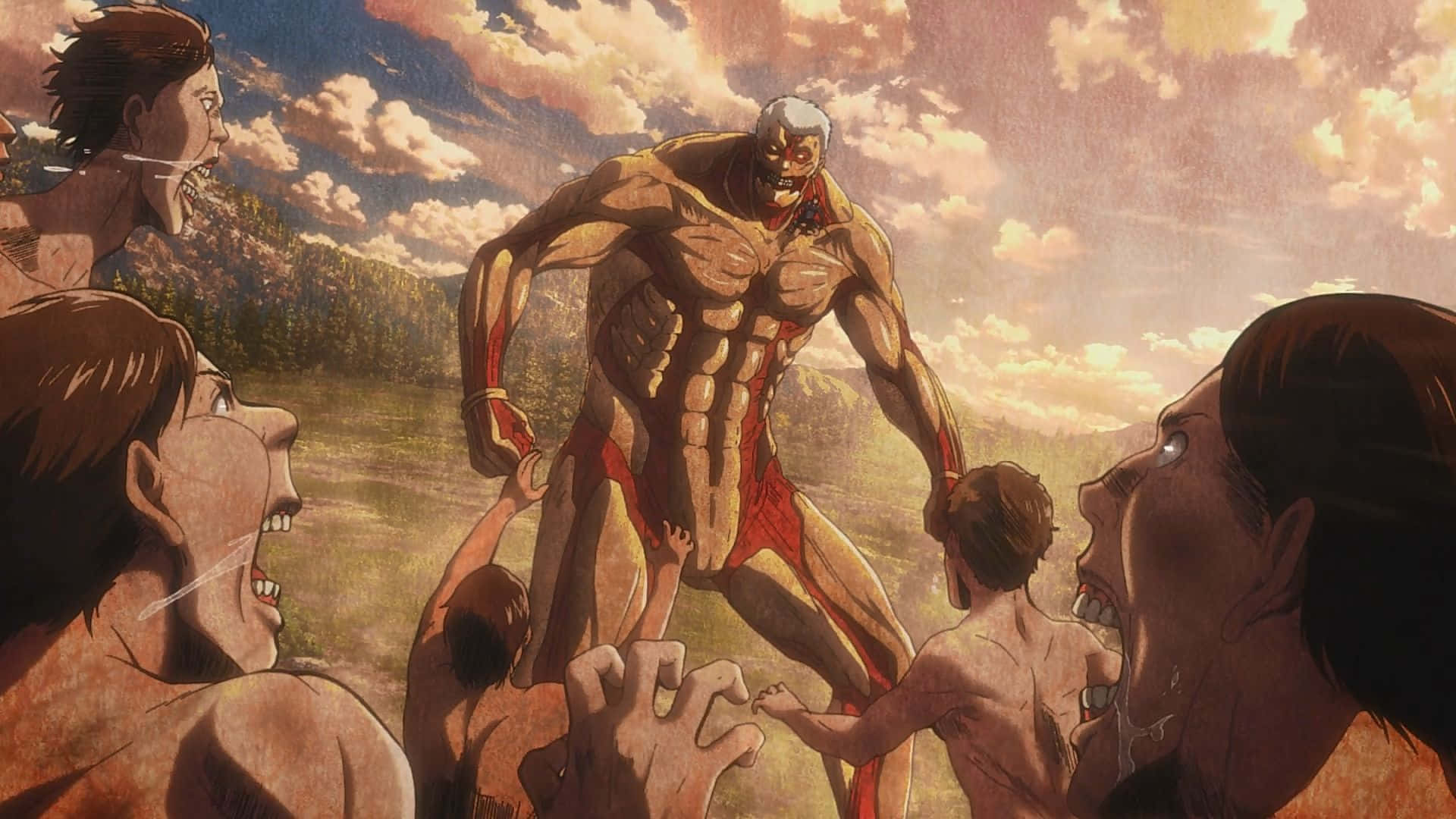 Armored Titan 桌布 壁紙 — 一個巨大的巨人喺陽光普照嘅田野上，喺多雲嘅天空下，籠罩住驚恐嘅人類。