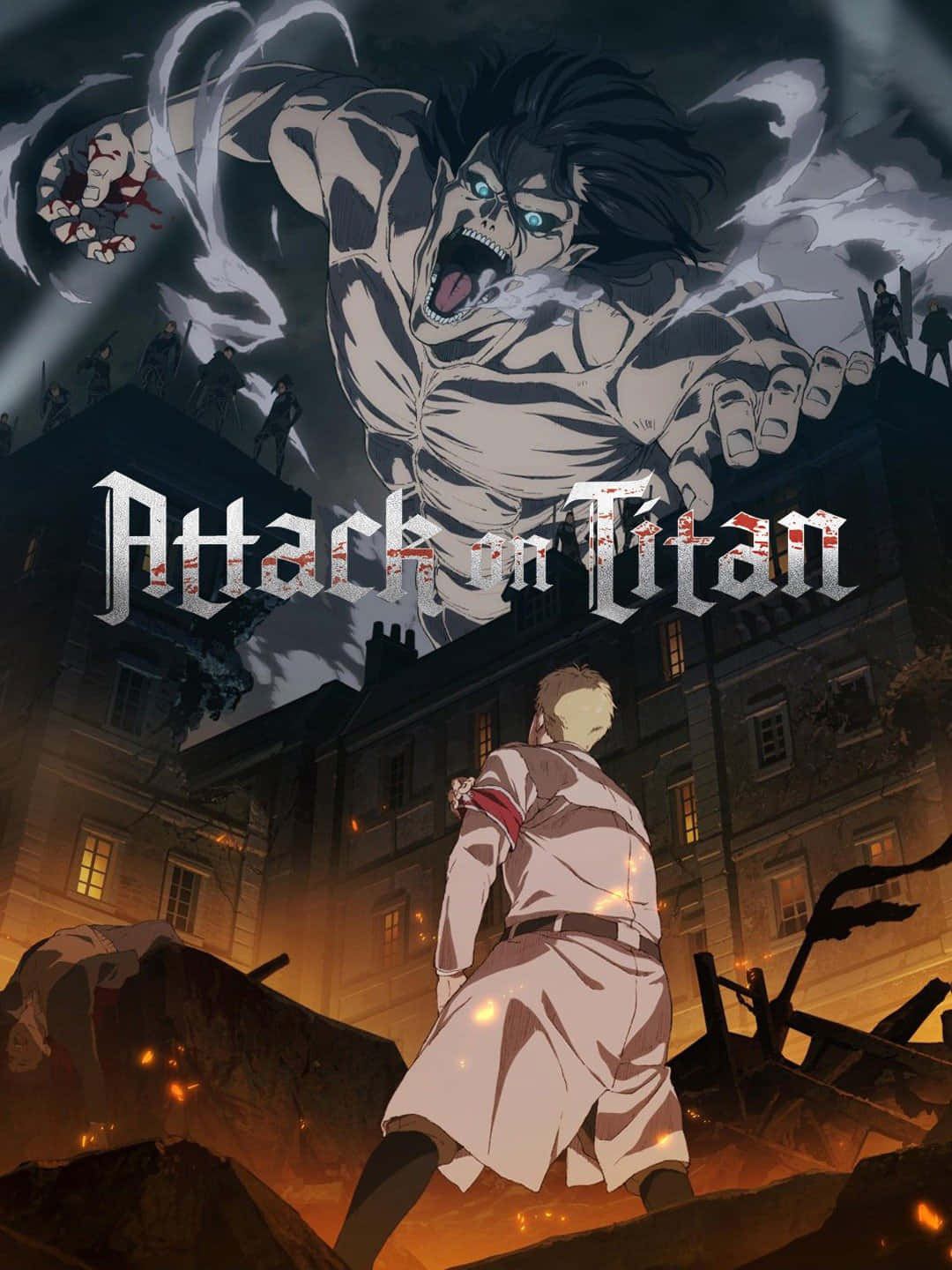 Great Titan War 桌布 壁紙 — 一個巨大的巨人喺頭頂咆哮，一個孤獨嘅士兵喺黑暗天空下，企喺燃燒嘅廢墟中挑釁地企喺度。