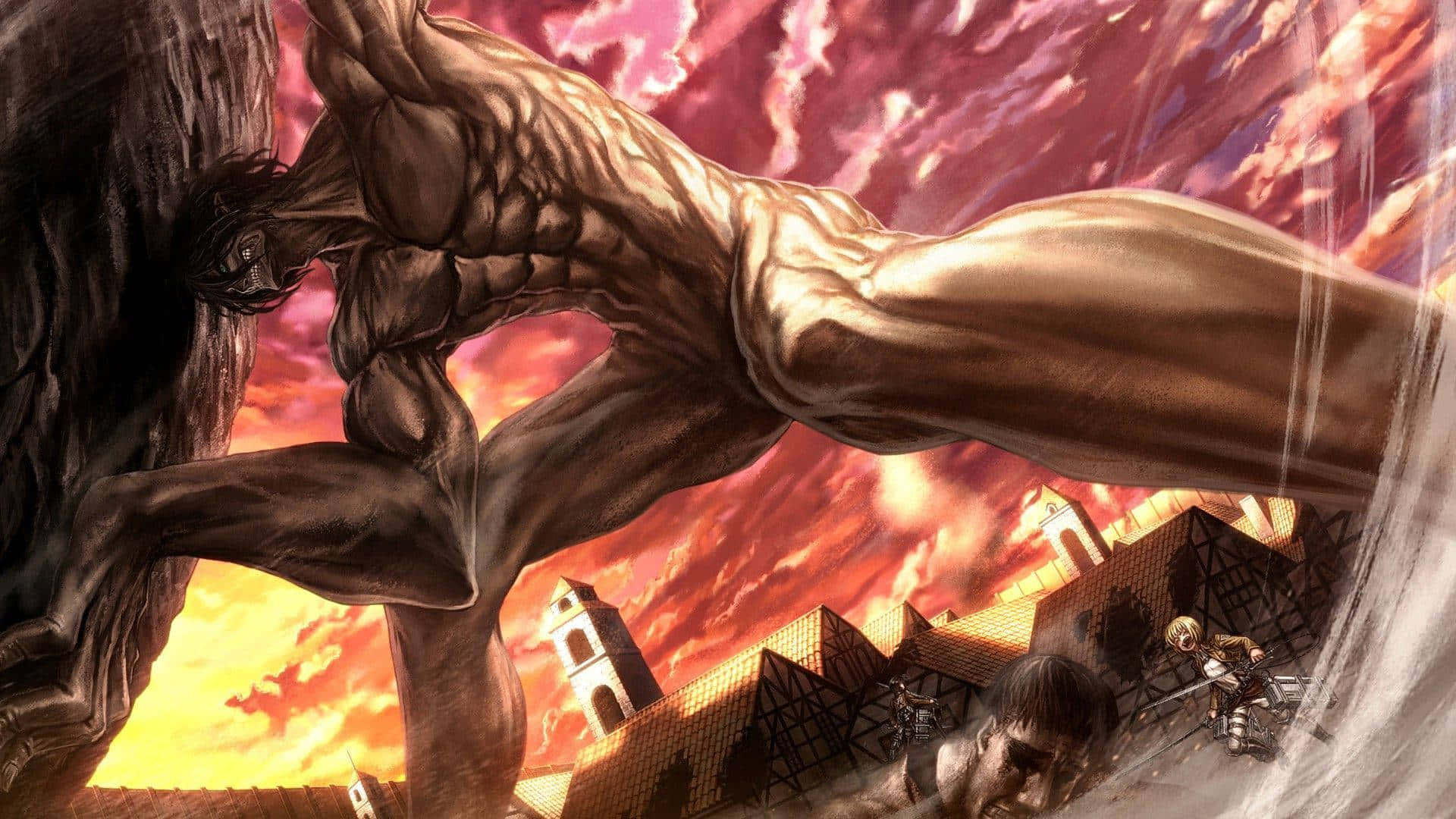 Giant Creatures 桌布 壁紙 — 一個巨大的巨人聳立於燃燒的村莊之上，小戰士們在下方於火紅的夕陽天空下戰鬥。