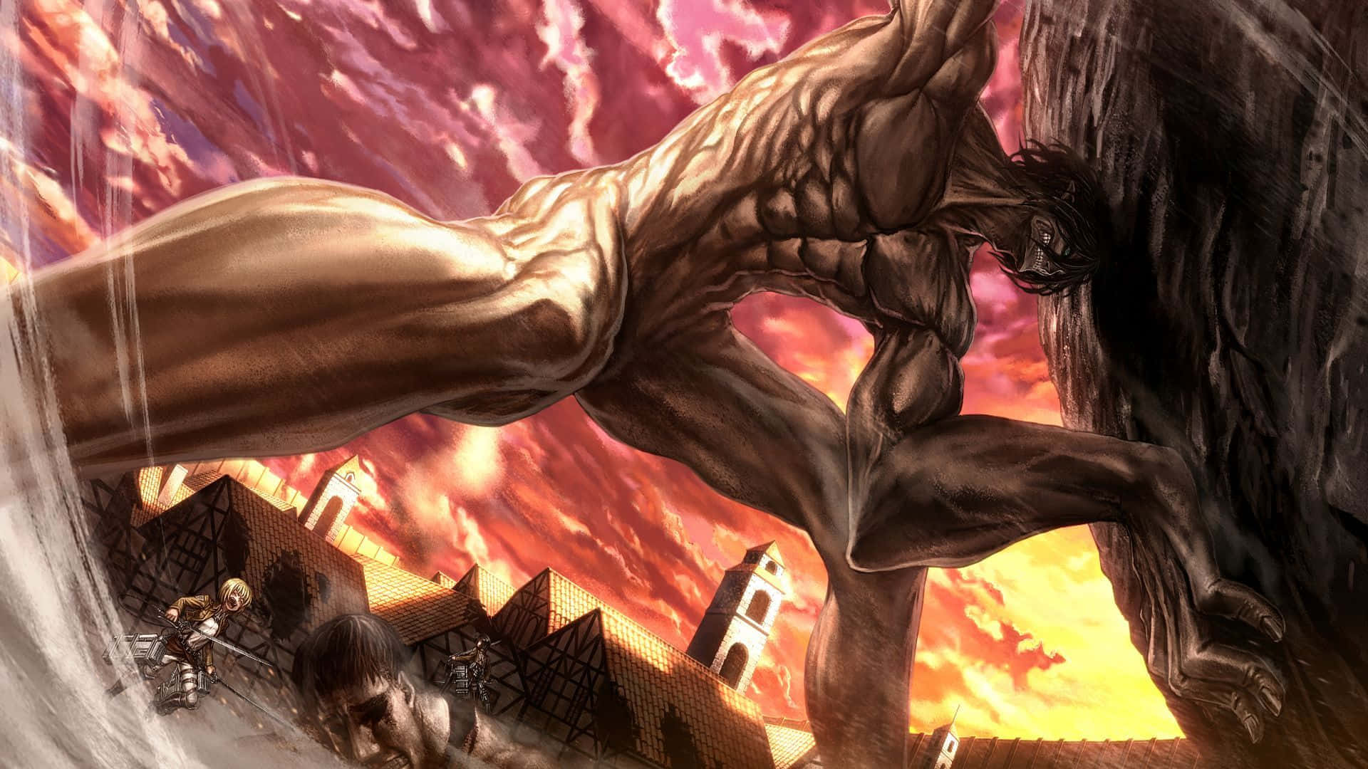 Humanoid Monsters 桌布 壁紙 — 一個巨大的巨人聳立於燃燒的村莊之上，小士兵們在熾熱的夕陽天空下奮戰。