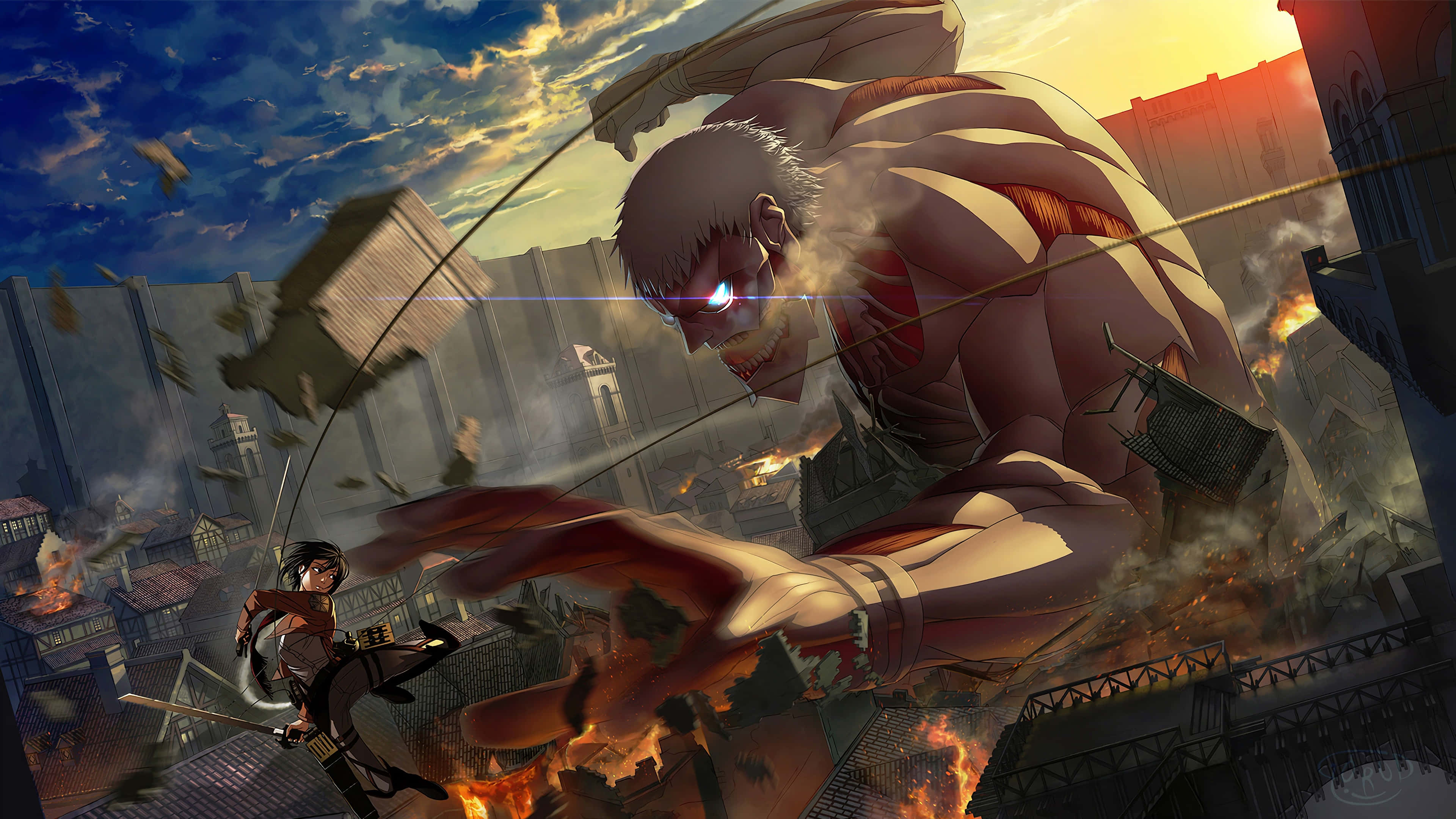 Armored Titan 桌布 壁紙 — 一個巨大的巨人衝過燃燒的城市，一個小戰士揮舞著立體機動裝置，展開一場戲劇性的動畫戰鬥。