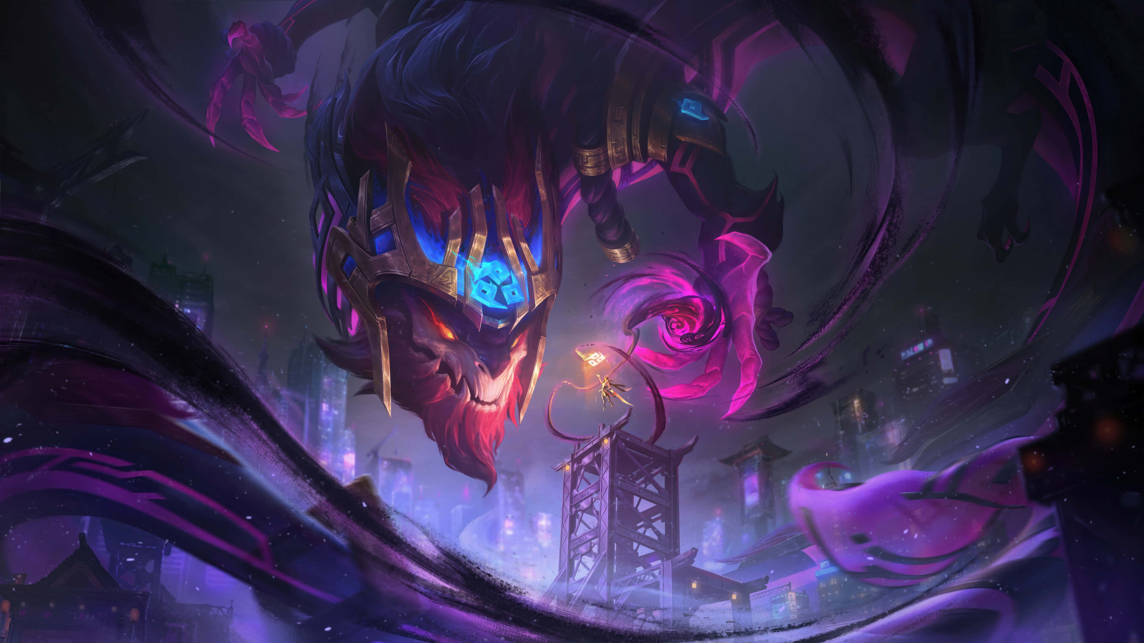 League Of Legends Champions 桌布 壁紙 — 一個巨大的惡魔形象，擁有發光的藍色眼睛和紫色能量漩渦，籠罩在神秘城市景觀中的一座發光塔樓之上。