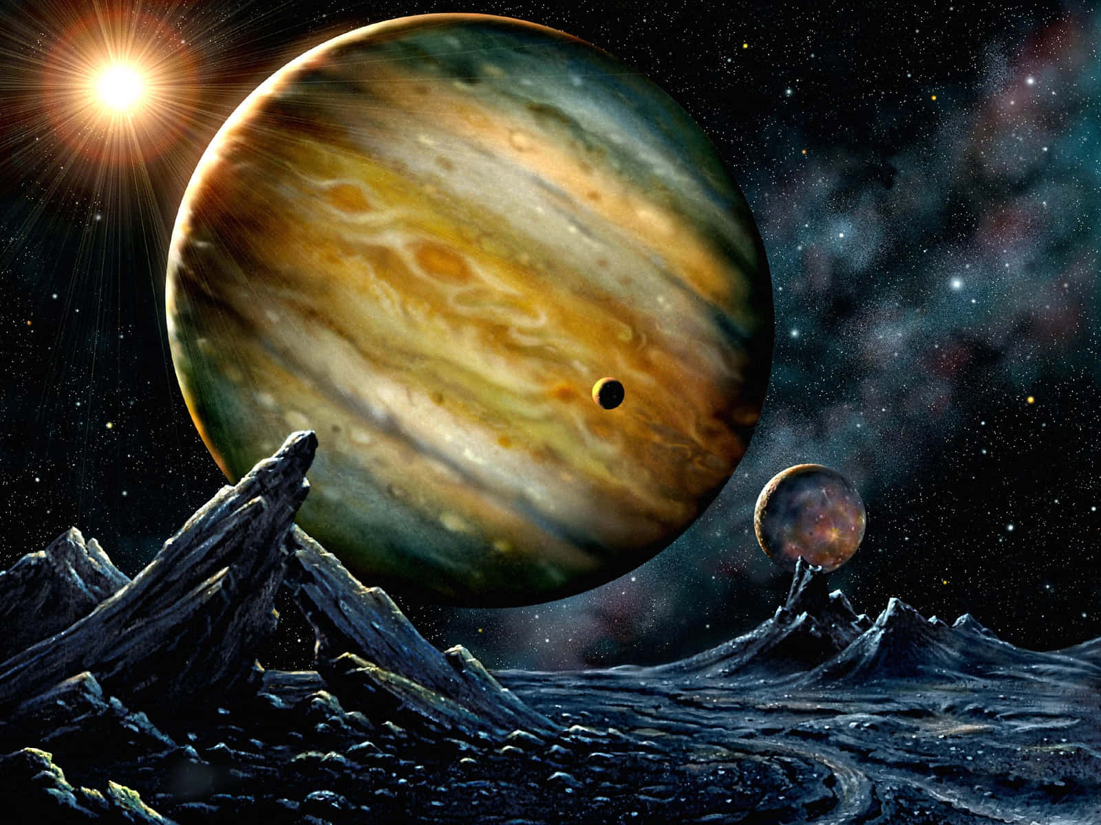 木星和衛星在星空下升起，越過外星山脈。 — 木星 GIF 壁紙