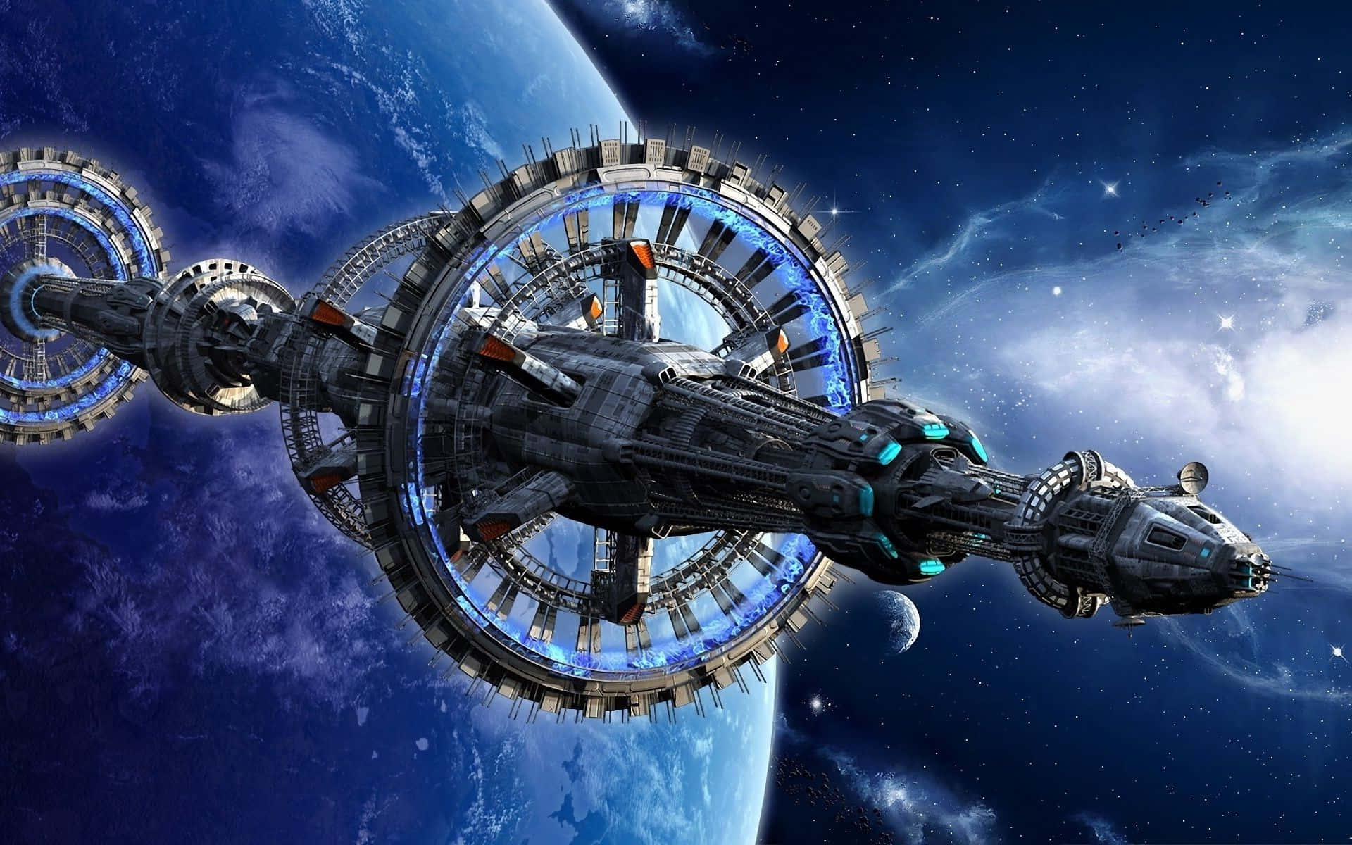 Spacecraft 桌布 壁紙 — 一個巨大的未來太空站圍繞著一顆藍色行星運行，背景是星光燦爛的宇宙，並帶有發光的藍色能量環。