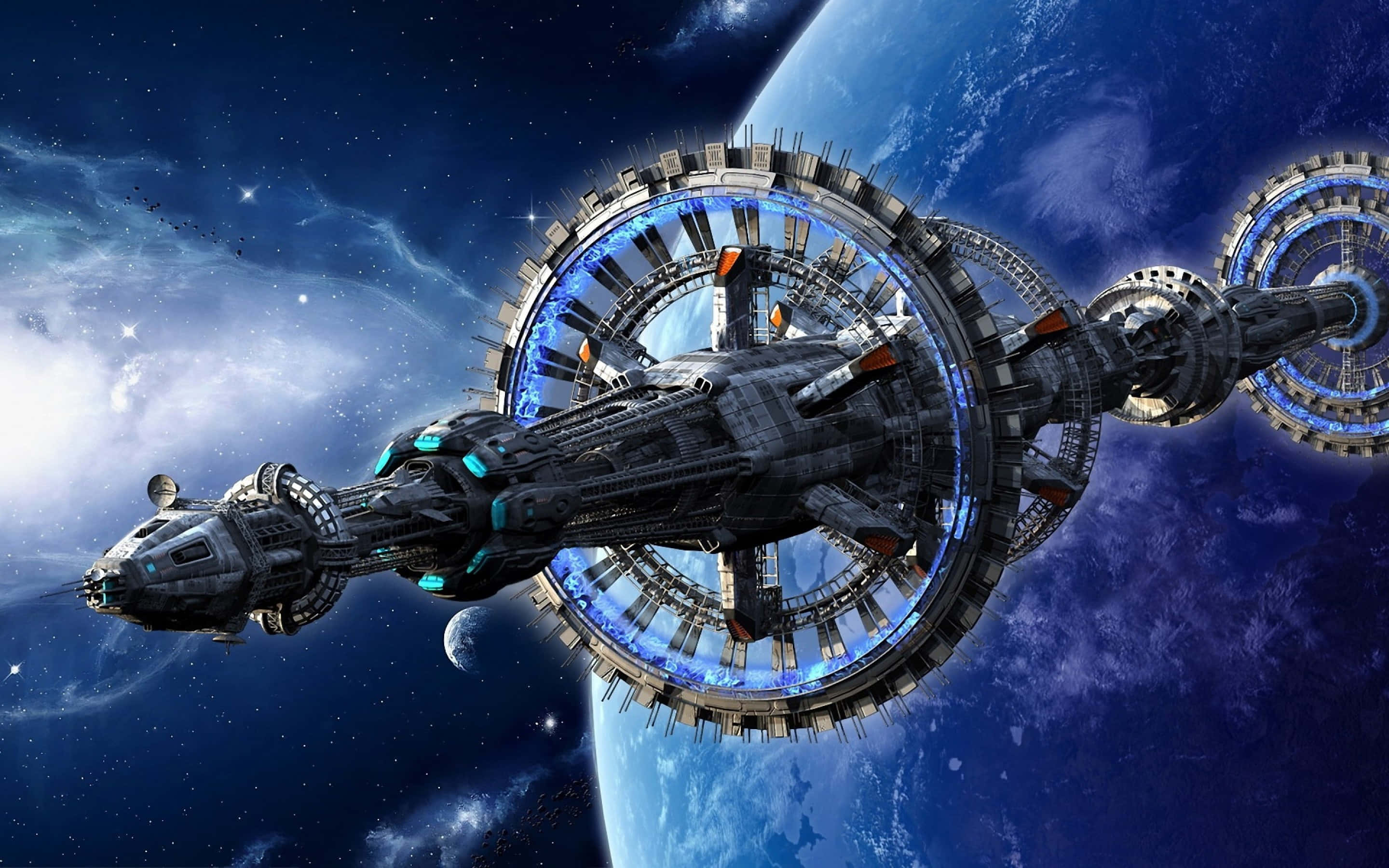 Space Station 桌布 壁紙 — 一個巨大的未來太空站圍繞著一顆藍色行星運行，行星帶有發光的藍色光環和複雜的金屬結構，背景是星光燦爛的宇宙。