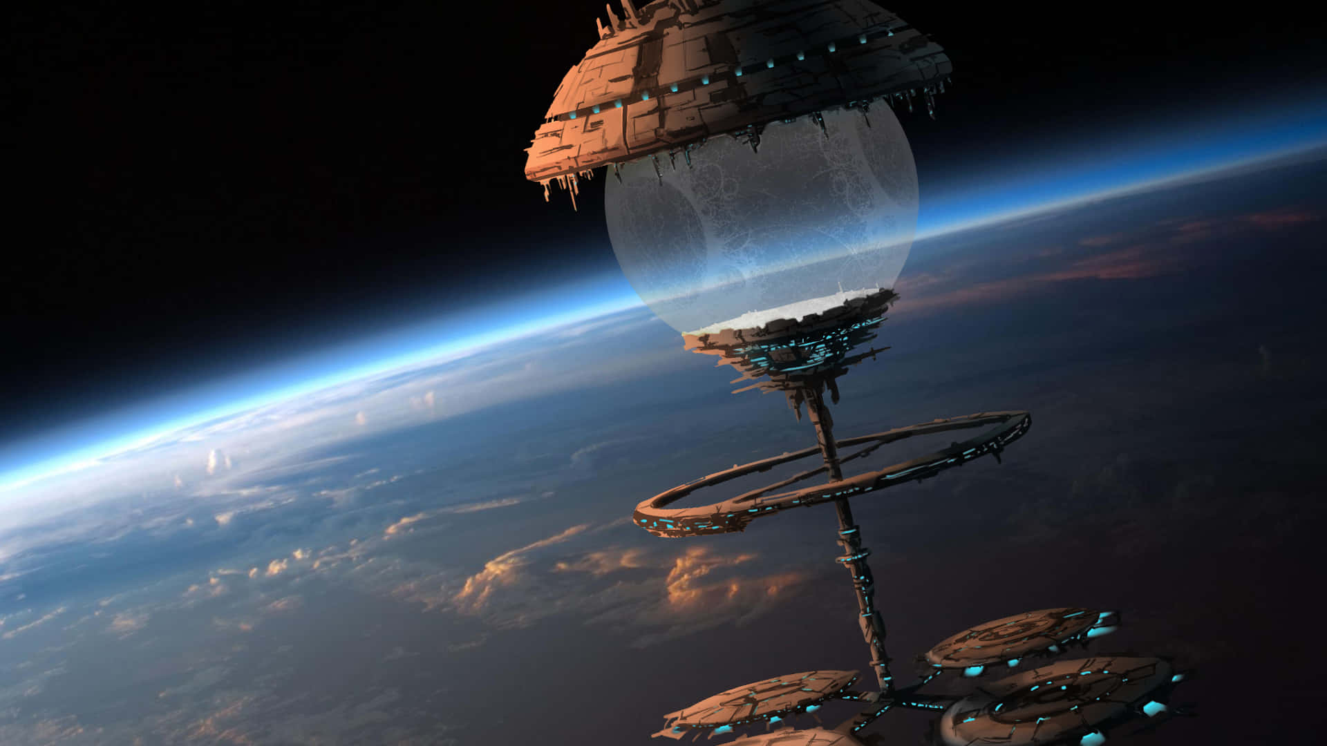 Space Station 桌布 壁紙 — 一個巨大的未來太空站懸浮在地球彎曲的地平線上方，發出藍色光芒，背景是繁星點點的黑色天空。