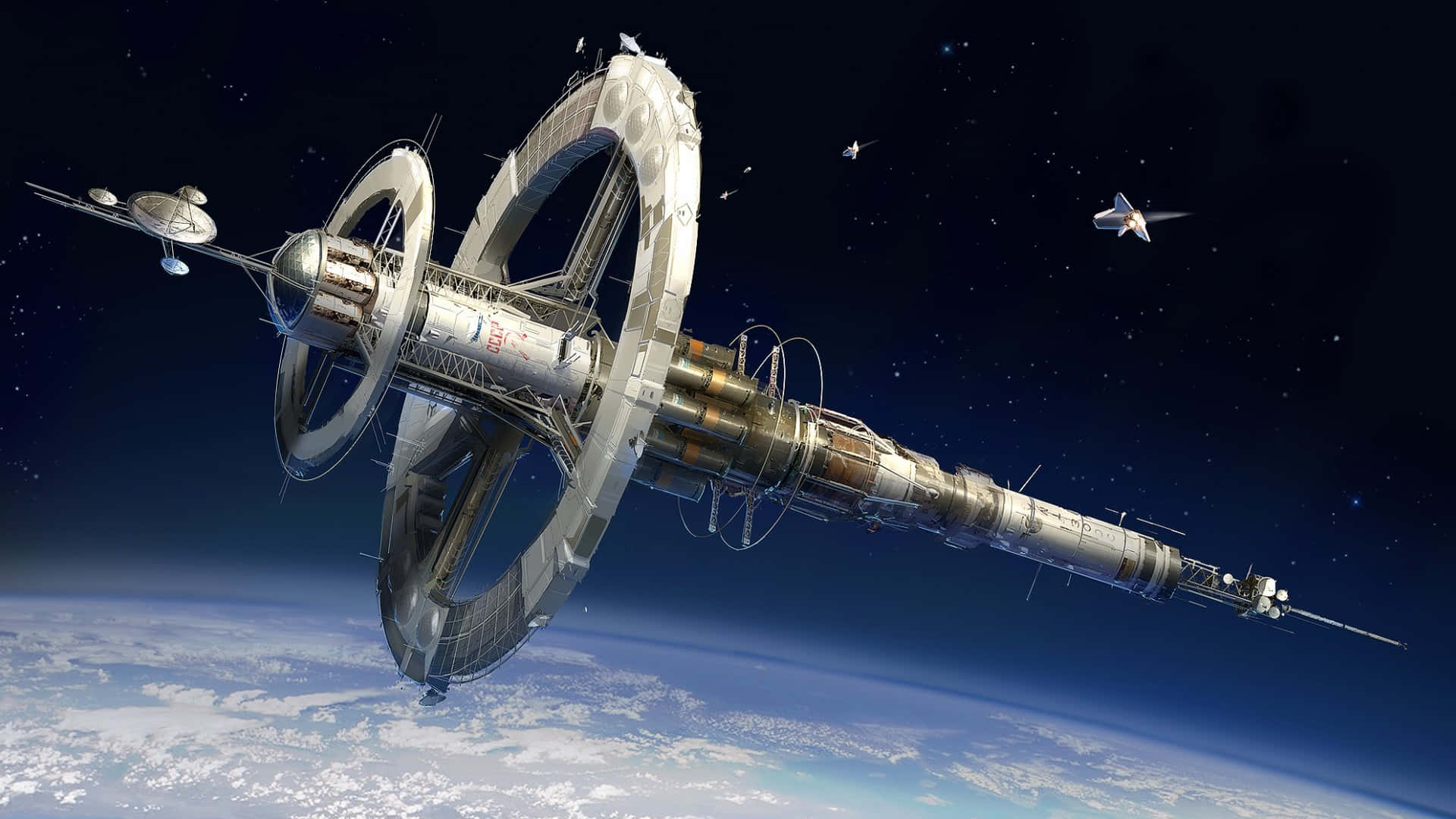 Space Station 桌布 壁紙 — 一個巨大的未來太空站繞地球運行，背景是星空，附近有小太空船。