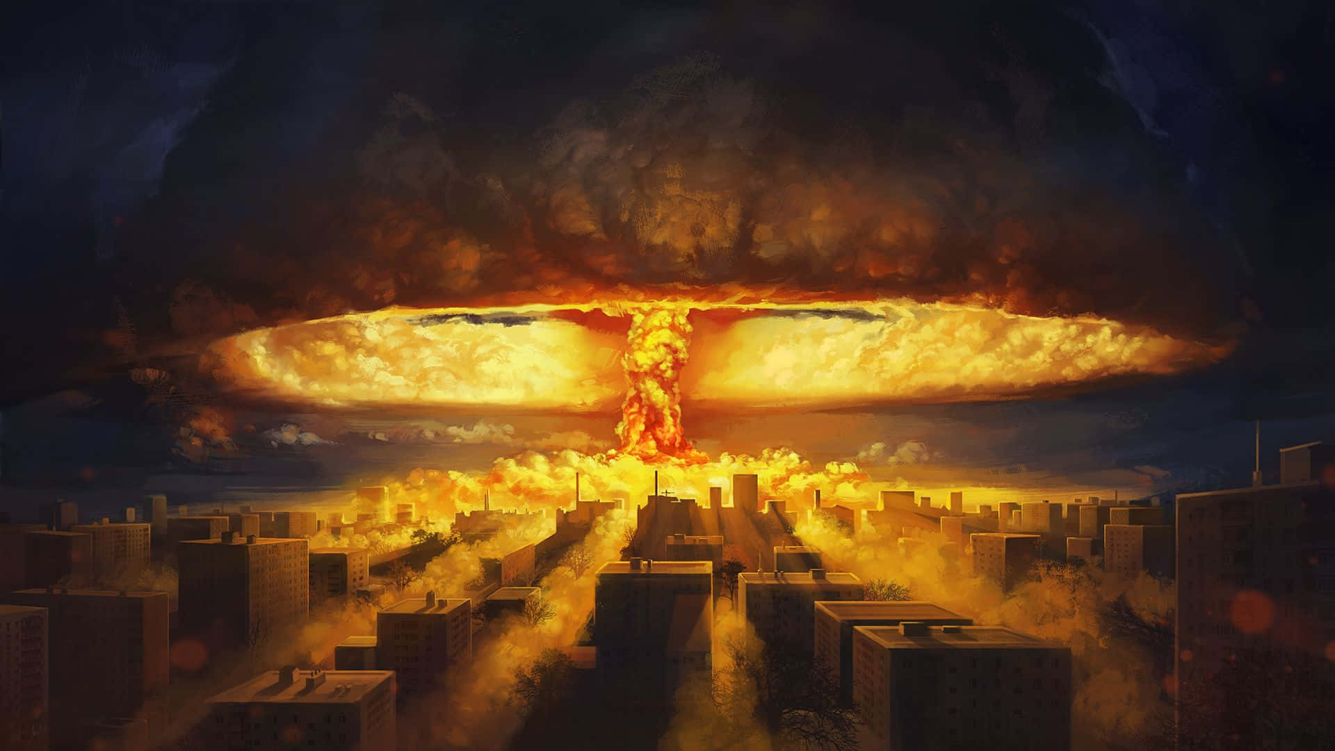 Fallout Nuke 桌布 壁紙 — 一個巨大的核蘑菇雲在充滿火橙色和黑煙的城市景觀上空爆發。