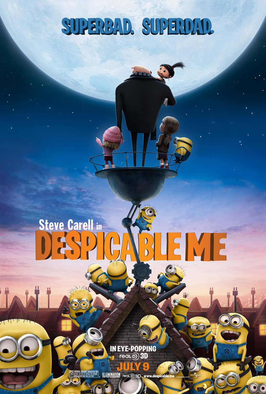 Cartoon Poster 桌布 壁紙 — 一個巨大的格魯站在衛星天線上，孩子們在旁邊，而小小兵在巨型月亮下的屋頂上蜂擁而至。