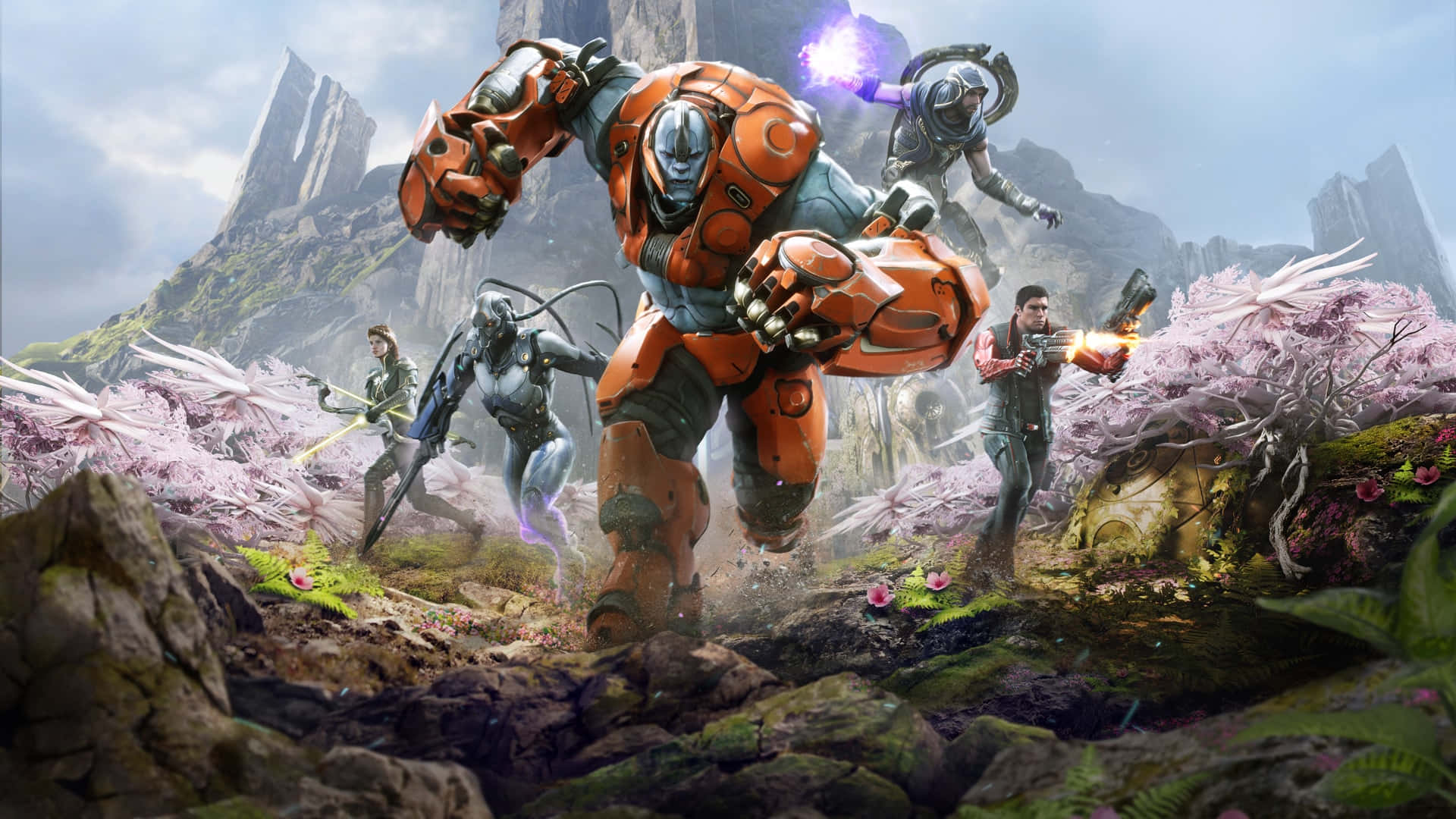 Moba Games 桌布 壁紙 — 一個巨大的橙色裝甲戰士向前邁進，四名武裝冒險者在多雲的天空下，穿越岩石地形，周圍有粉紅色的開花樹木。