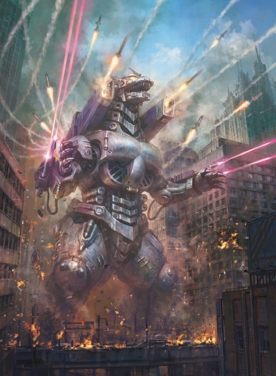 mechagodzilla 桌布 壁紙 — 一個巨大的機械怪物撕裂城市景觀，發射粉紅色激光，爆炸和碎片如雨般落在高聳的摩天大樓周圍。