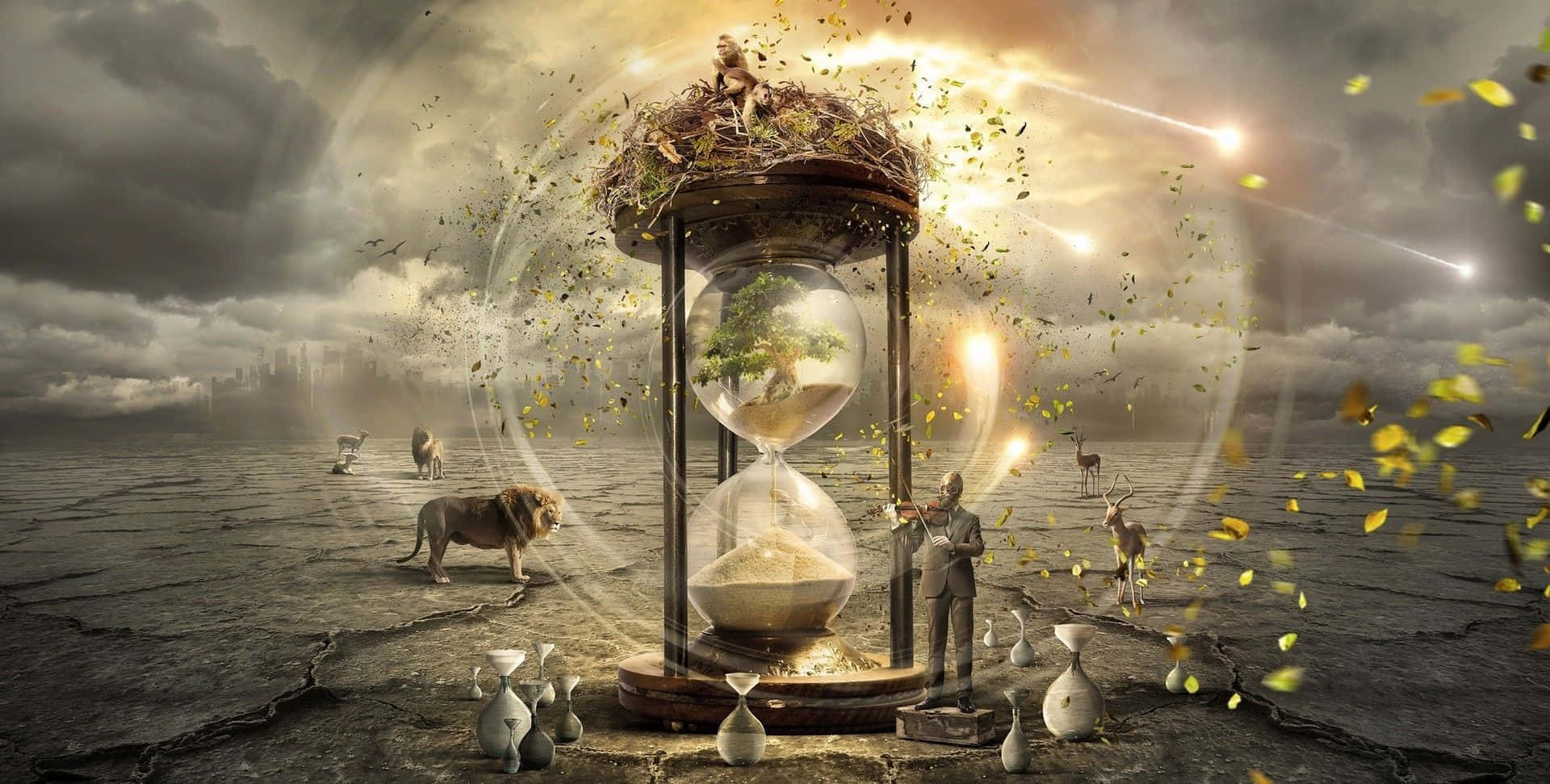 Time 桌布 壁紙 — 一個巨大的沙漏，裏面長著一棵樹，矗立在龜裂的荒地上，一個男人吹着笛子，動物們在暴風雨的天空下漫步，落葉飄飄。