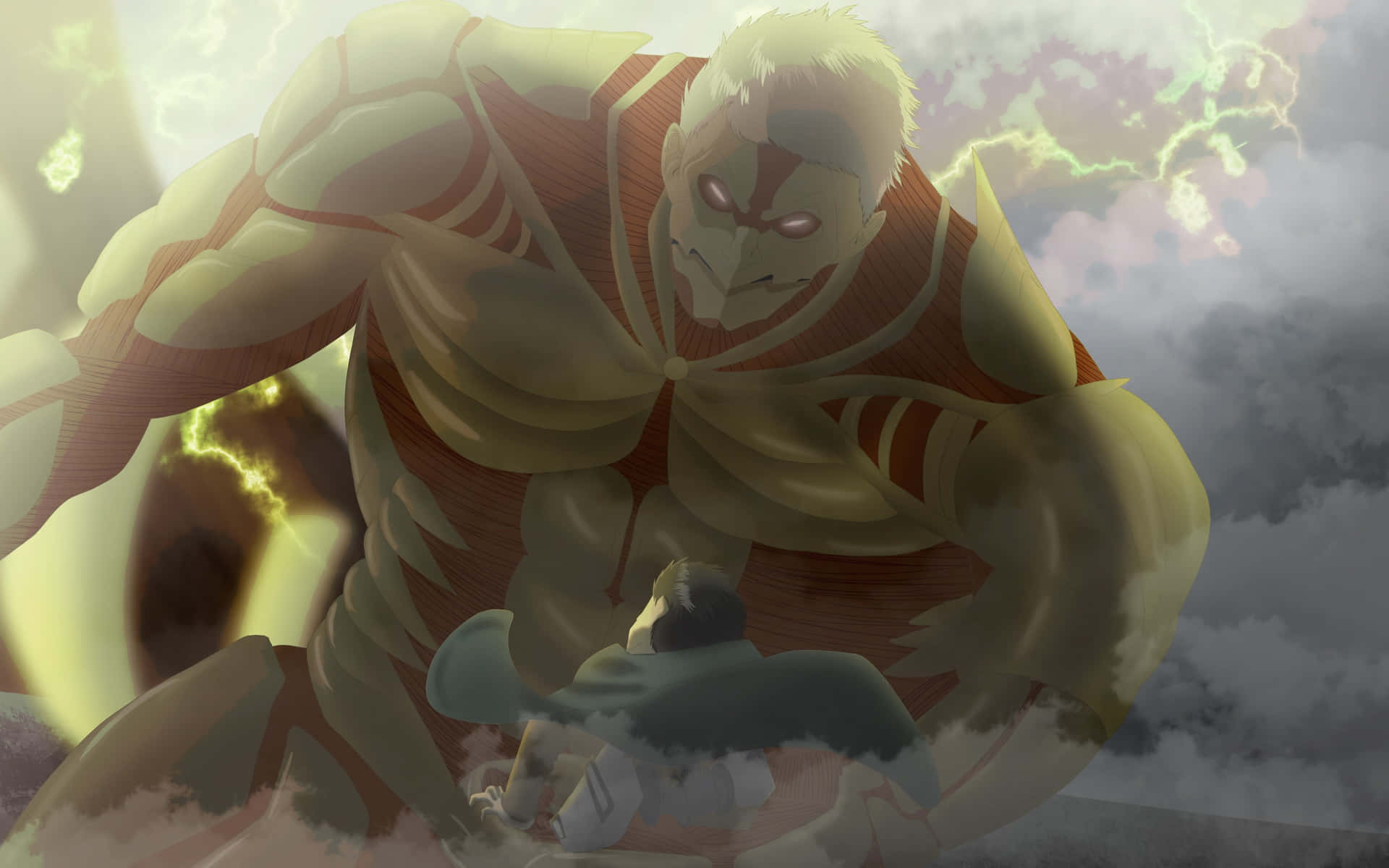 Armored Titan 桌布 壁紙 — 一個巨大的泰坦，眼睛發光，在風暴天空和噼啪作響的閃電中俯視著一個小人影。
