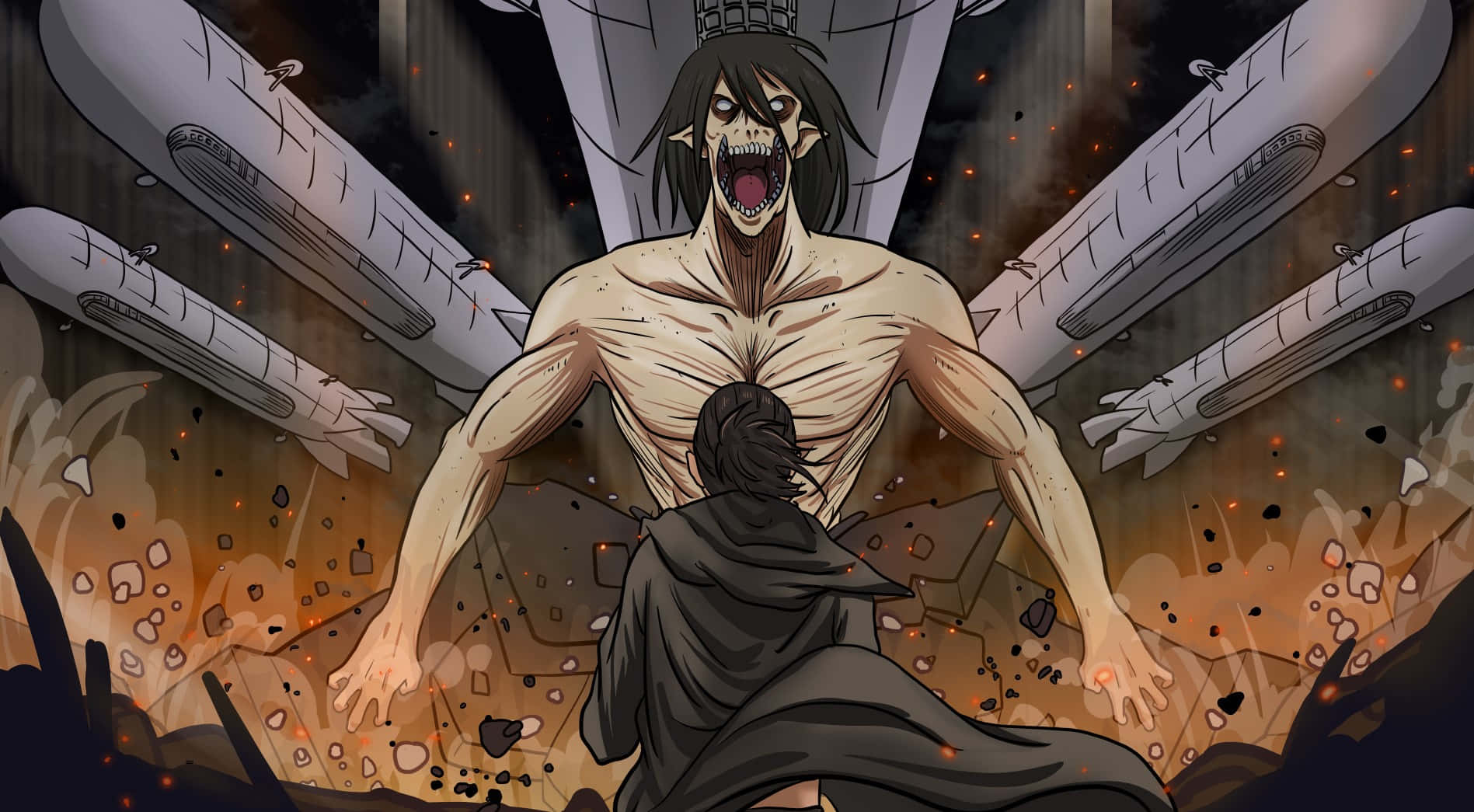 Attack On Titan The Final Season 桌布 壁紙 — 一個巨大的泰坦咆哮著，一個孤獨的黑衣身影在崩塌的瓦礫和墜落的導彈中與它對峙。