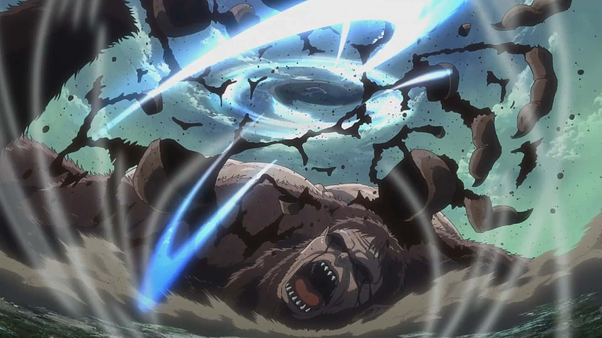 Beast Titan 桌布 壁紙 — 一個巨大的泰坦咆哮著，藍色能量光束粉碎了其破碎形體上方的天空。