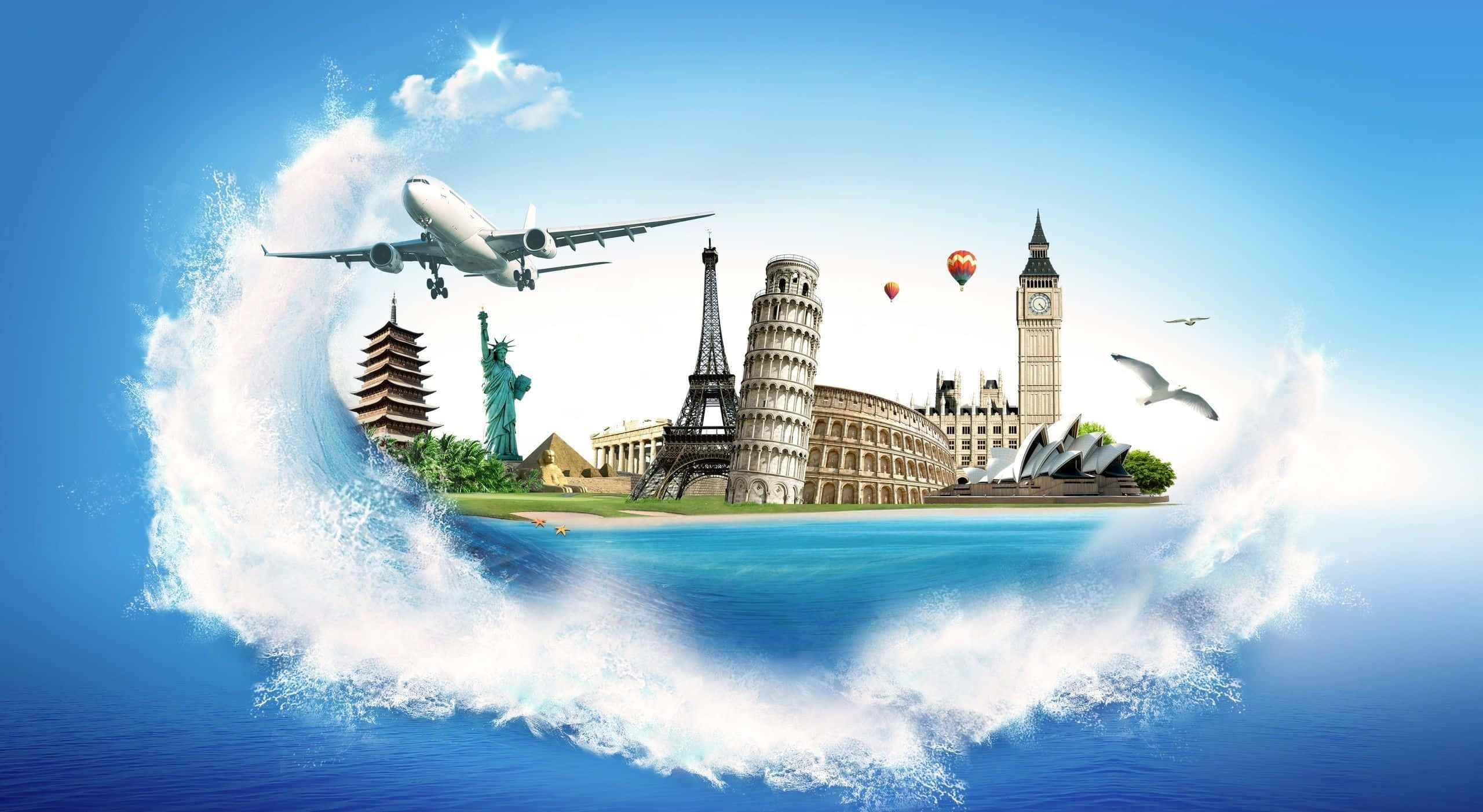3d Travel 桌布 壁紙 — 一個巨大的海浪環繞著一個充滿全球地標的浮島，在明亮的藍天下。