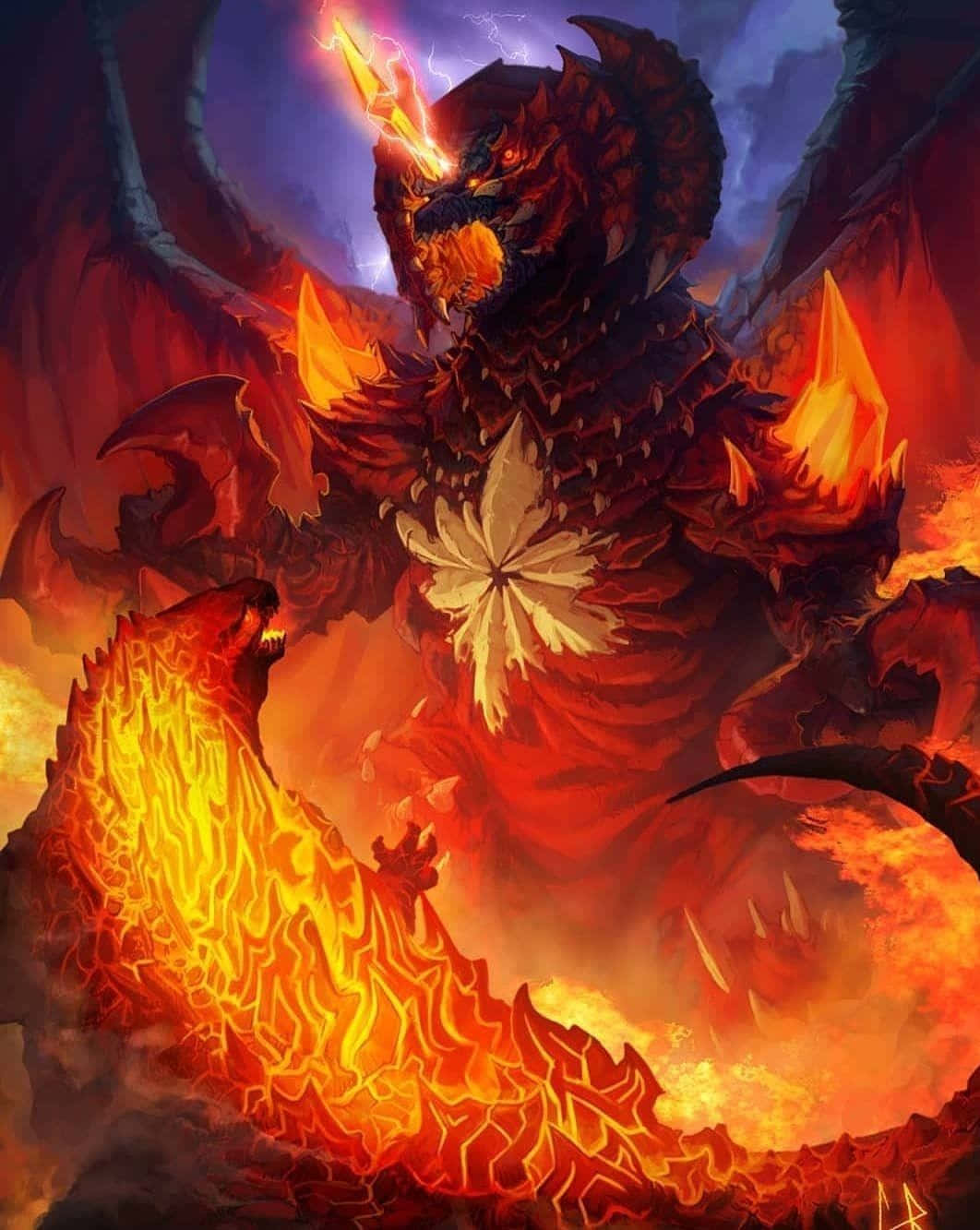 Burning Godzilla 桌布 壁紙 — 一個巨大的火焰惡魔，有著發光的眼睛和帶刺的翅膀，在暴風雨的天空下，在熔岩河上咆哮。