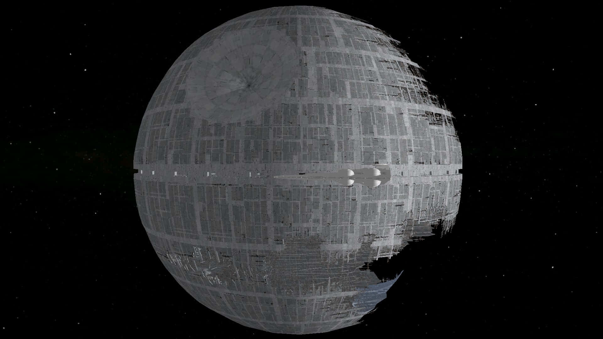 Death Star Ii 桌布 壁紙 — 一個巨大的球形太空站，表面呈網格狀，主宰著一個佈滿星星的黑色虛空。