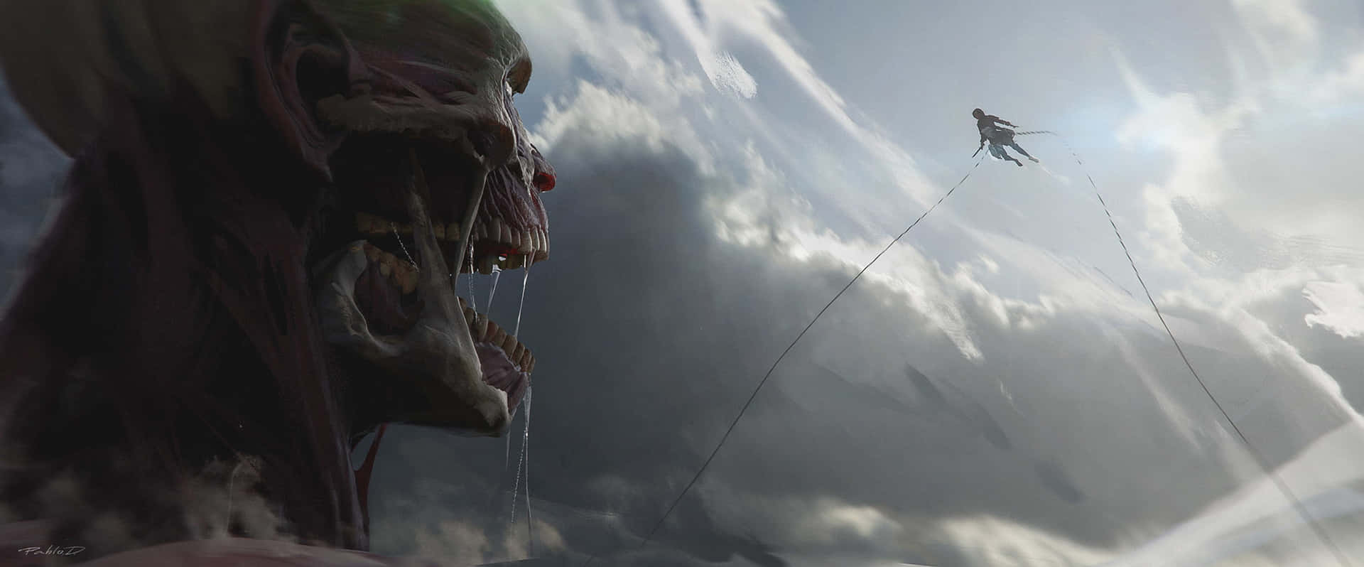 Attack On Titan Poster 桌布 壁紙 — 一個巨大的生物機械巨人，肌肉和牙齒暴露在外，在暴風雨的天空下潛伏，一個小人影正用繩索盪向它張開的大嘴。