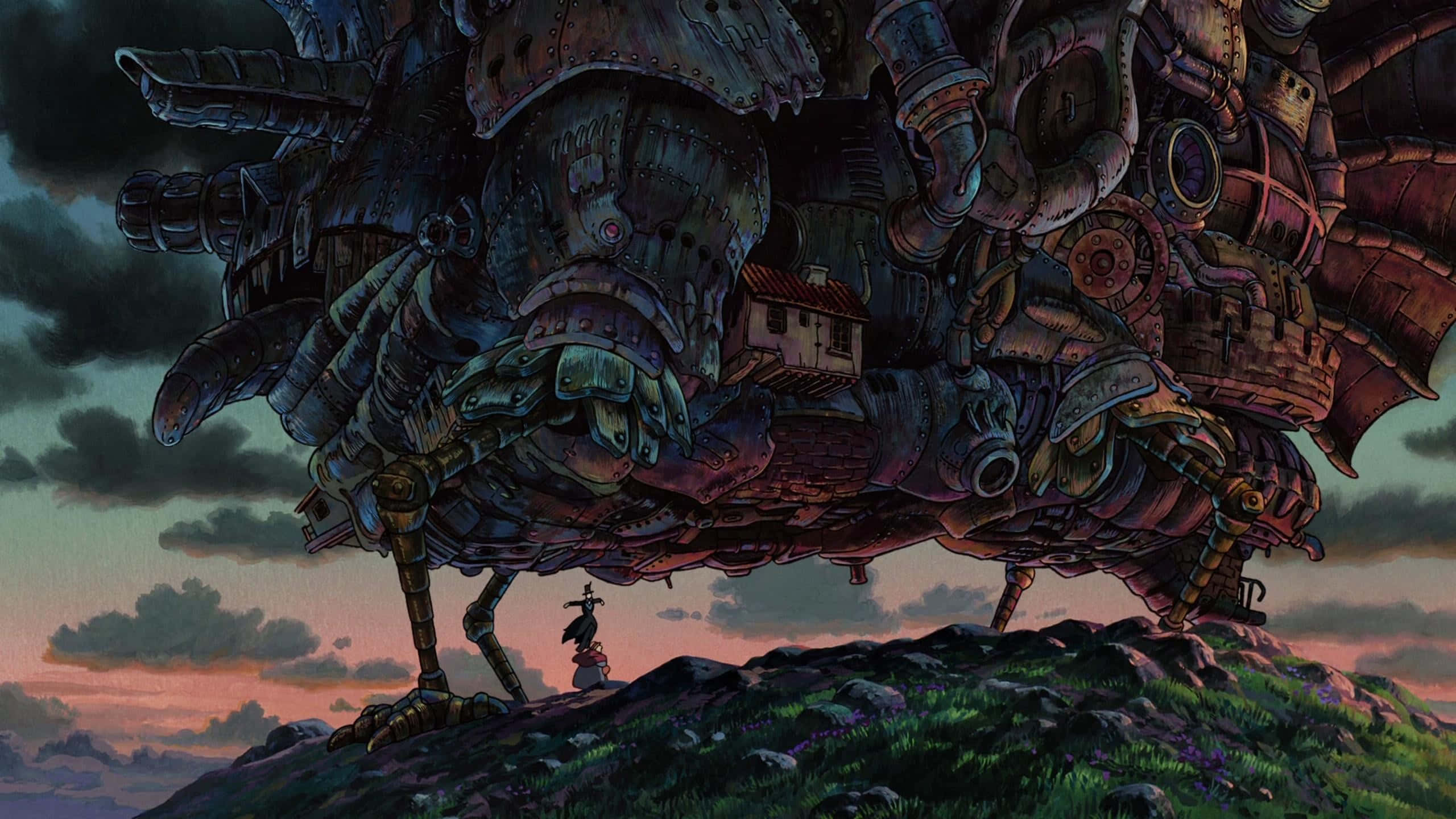 Studio Ghibli Art 桌布 壁紙 — 一個巨大的生物機械生物，背上有一個小房子，在黃昏時分聳立在草地上一個孤獨的身影之上。