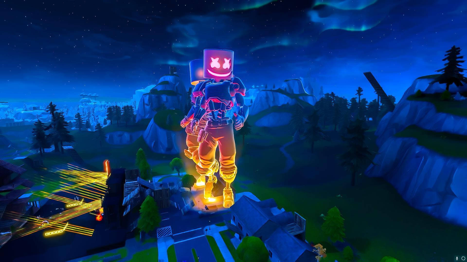 Fortnite 桌布 壁紙 — 一個巨大的發光棉花糖人站在山頂上，俯瞰著星空下霓虹燈閃爍的村莊。