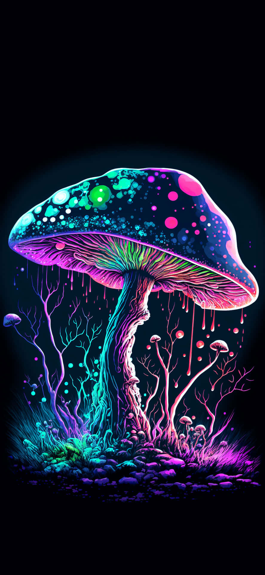 Trippy Mushroom 桌布 壁紙 — 一個巨大的發光蘑菇，帶有螢光粉紅、綠色和藍色斑點，在黑暗的森林中散發光芒，周圍有小蘑菇和發光的藤蔓。