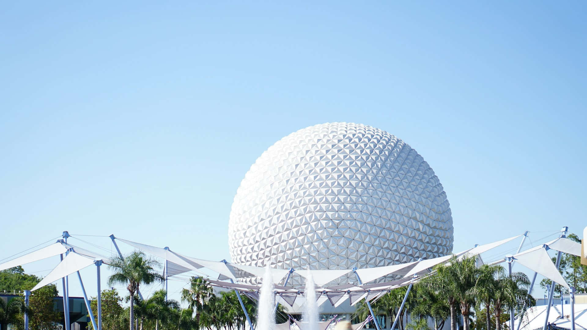 Orlando 桌布 壁紙 — 一個巨大的白色測地圓頂，帶有三角形面板，矗立在晴朗的藍天下，周圍環繞著棕櫚樹和白色天篷結構。