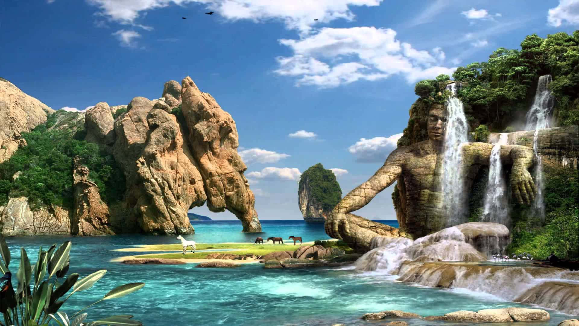 3d Waterfall 桌布 壁紙 — 一個巨大的石巨人從茂密的懸崖中出現，瀑布從其身上傾瀉而下，俯瞰著碧綠色的海洋，海上有小島和正在吃草的動物，天空湛藍明亮。