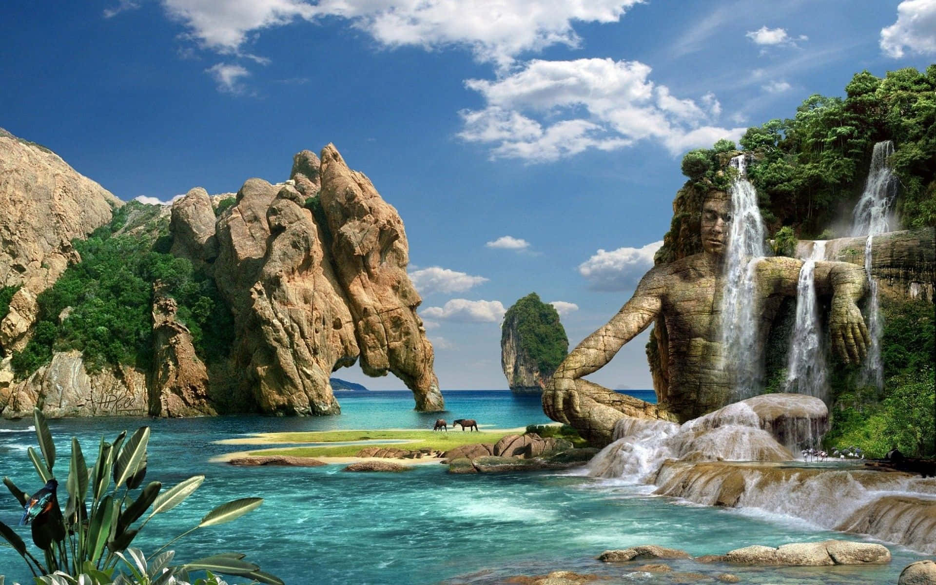 3d Forest 桌布 壁紙 — 一個巨大的石神從茂密的懸崖中出現，瀑布流過他的身體，落入明亮的藍天下碧綠的海水中。